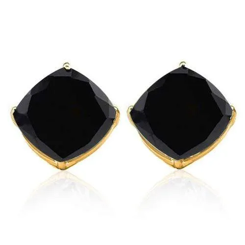 10K Solid Yellow Gold Cushion shape 6MM Natural Black Sapphire Earring Studs