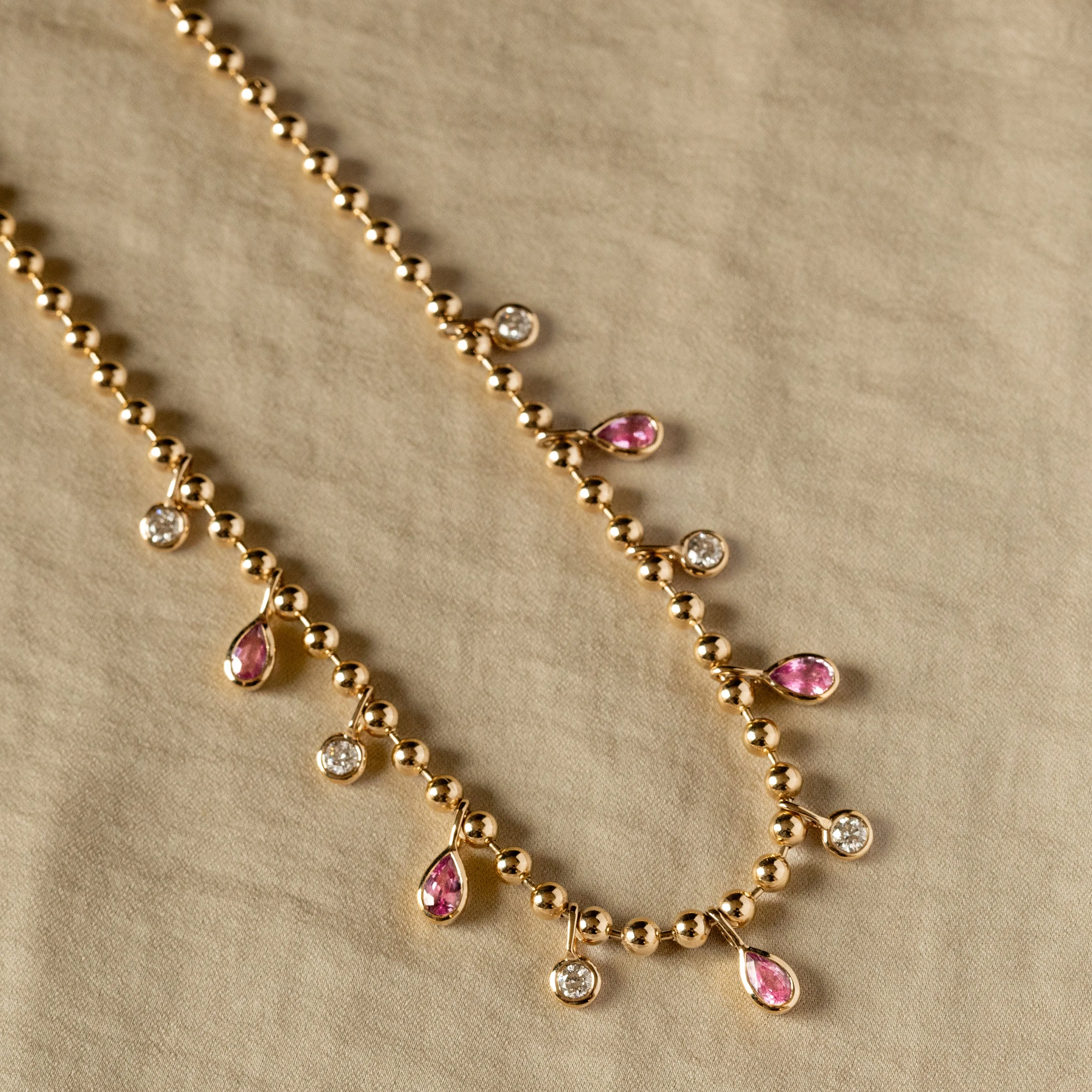 14K Gold Pear Pink Sapphire Diamond Bezel Bead Necklace