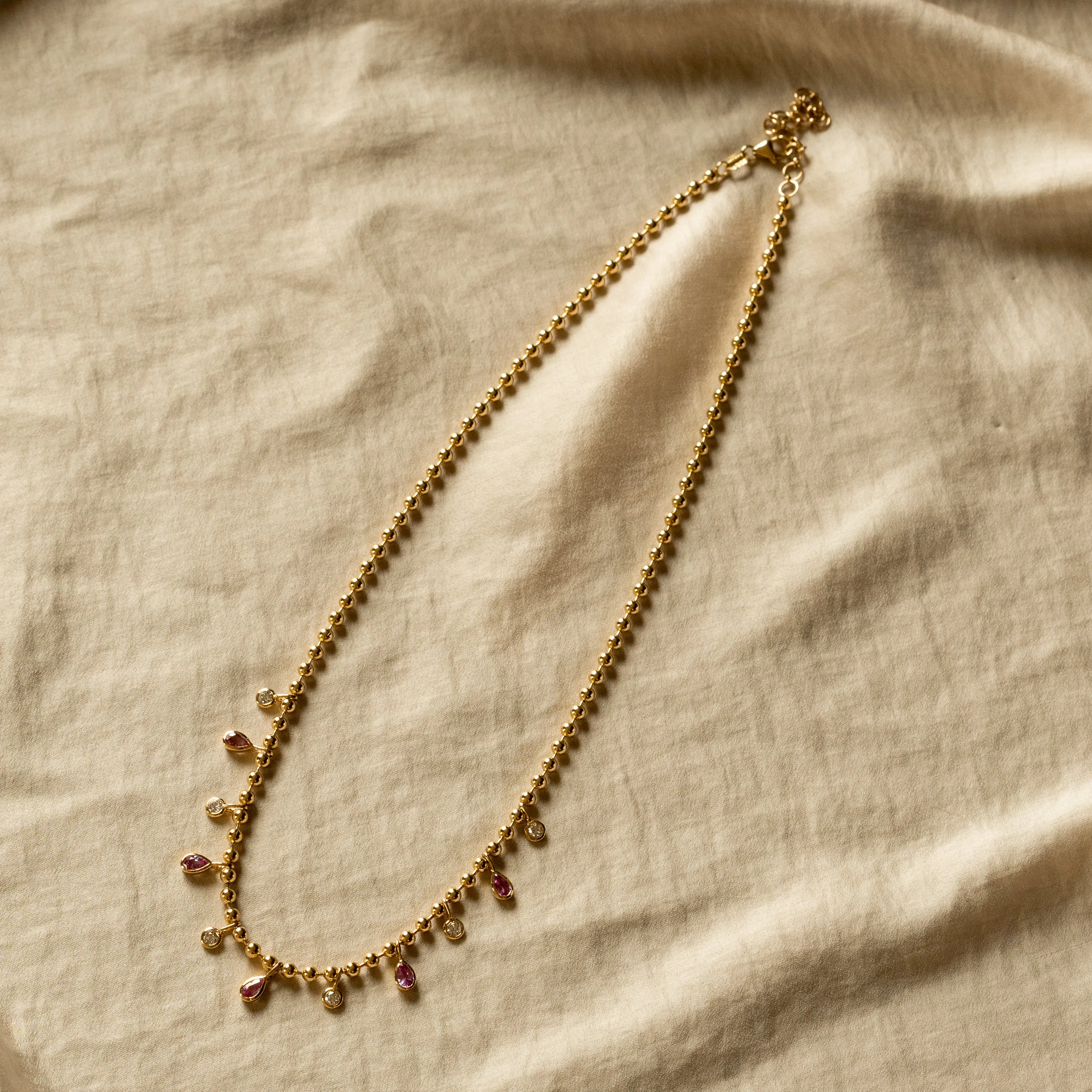 14K Gold Pear Pink Sapphire Diamond Bezel Bead Necklace