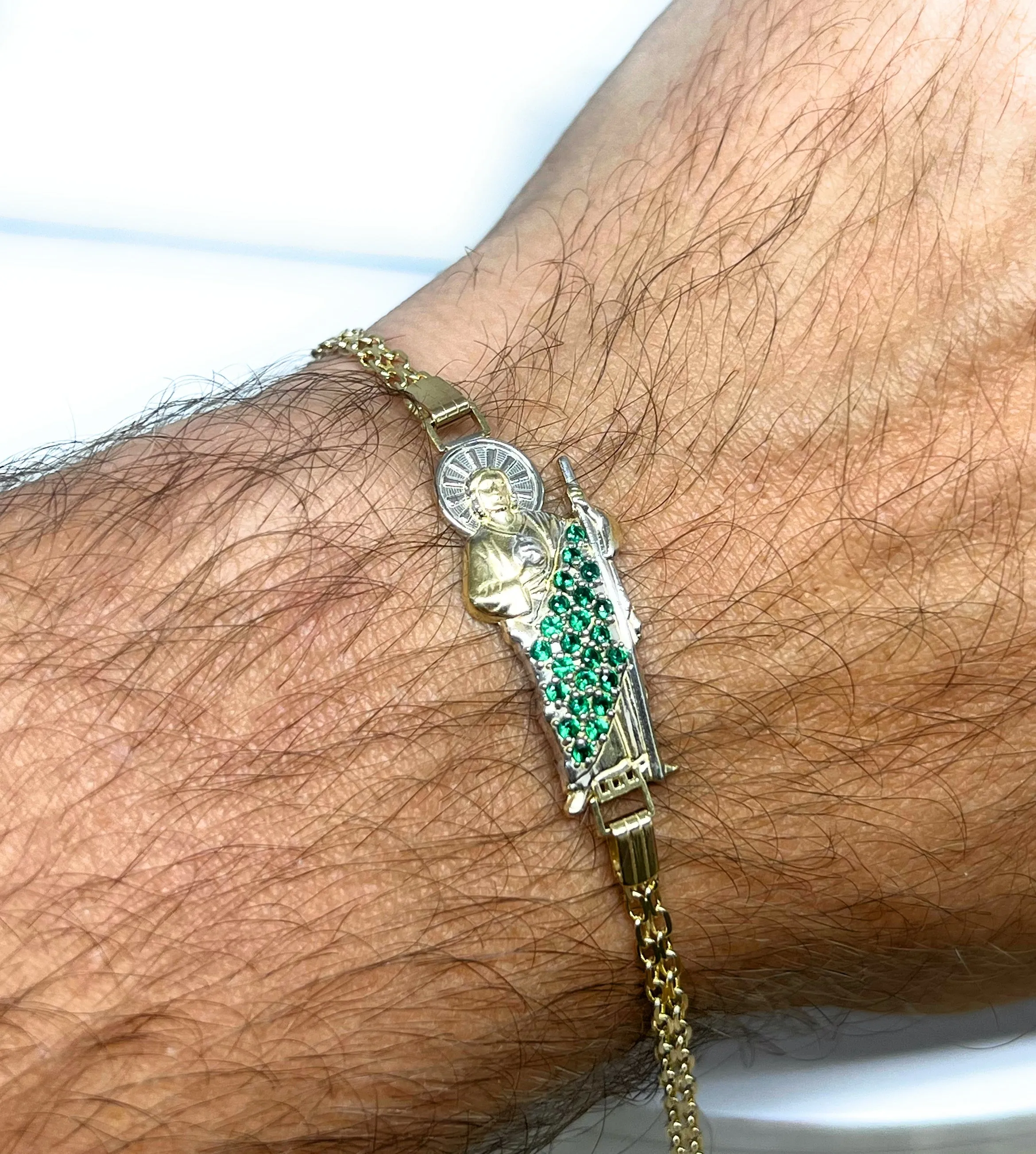 14k Solid Gold SAAN JUDAS SAAINT JUDE GREEN CZ Brracelet 7.2 inch