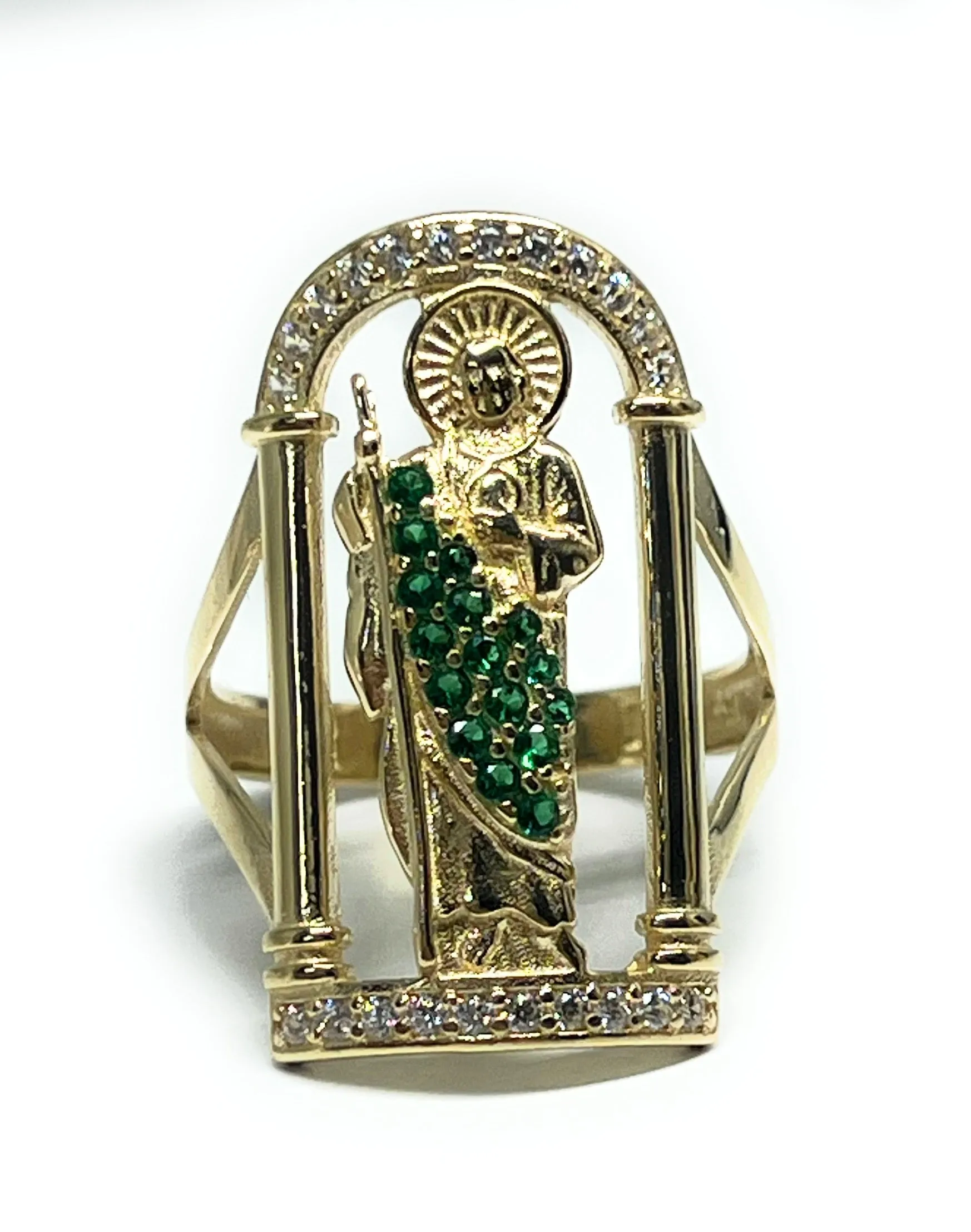 14k Solid Gold SAAN JUDAS SAAINT JUDE GREEN CZ RING (5.4g)