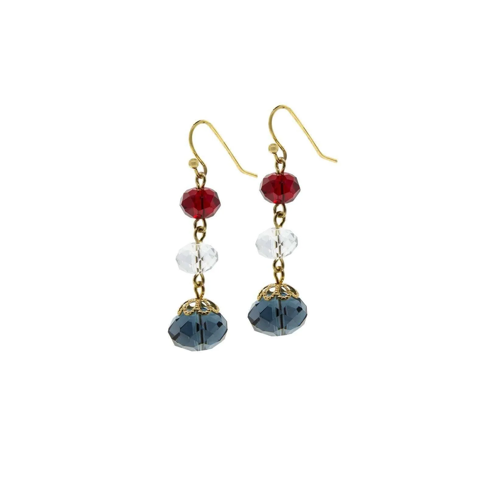 1928 Jewelry Red Clear Blue 3 Bead Drop Earrings