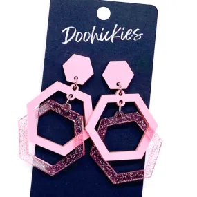 2 Jelly Glitter Hexi Ring Acrylic Earrings - Pink