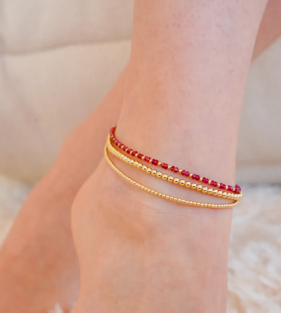 2MM Yellow Gold Filled Anklet with Pink Tourmaline Gold Pattern