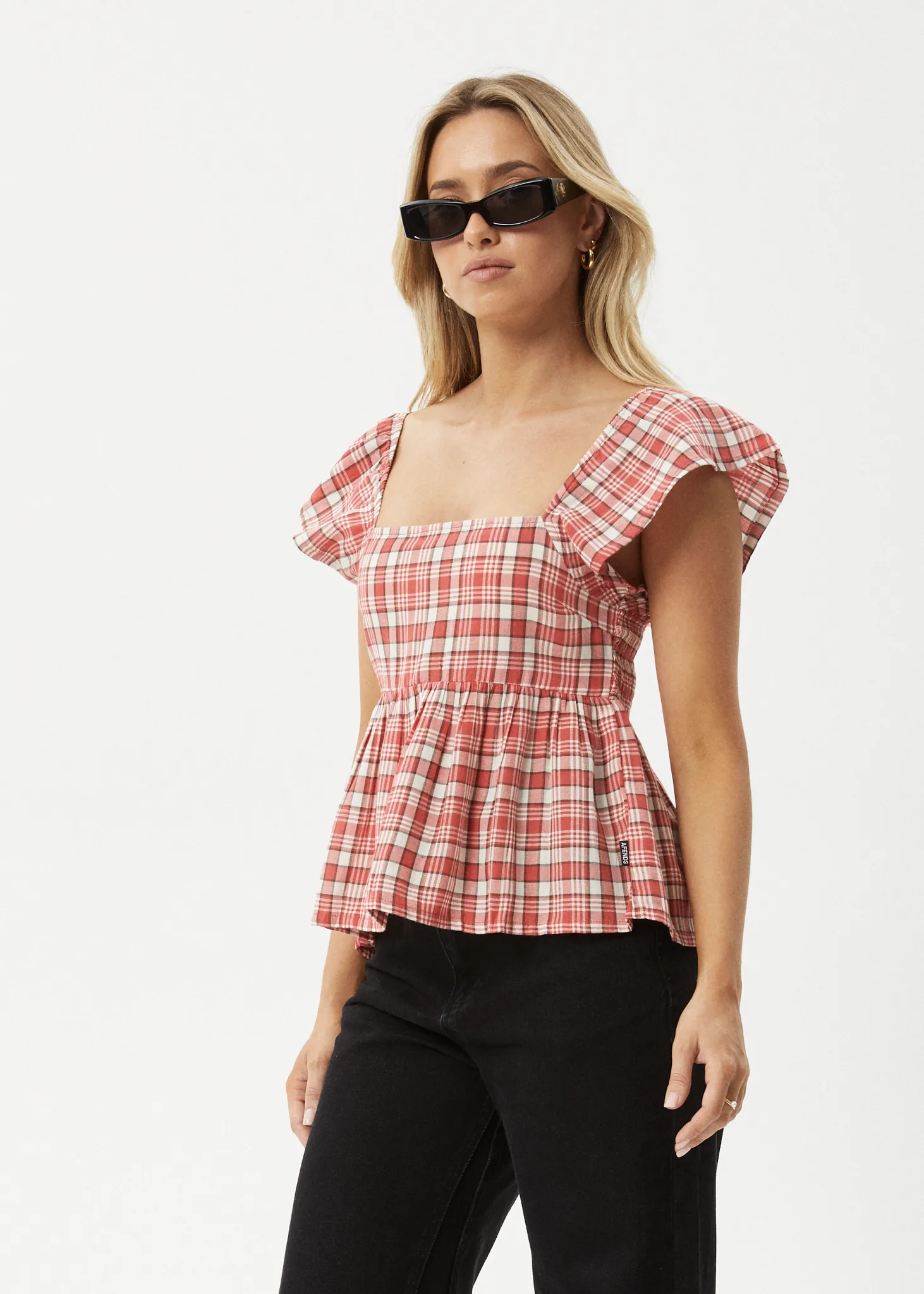 AFENDS Womens Check Out - Top - Red Check