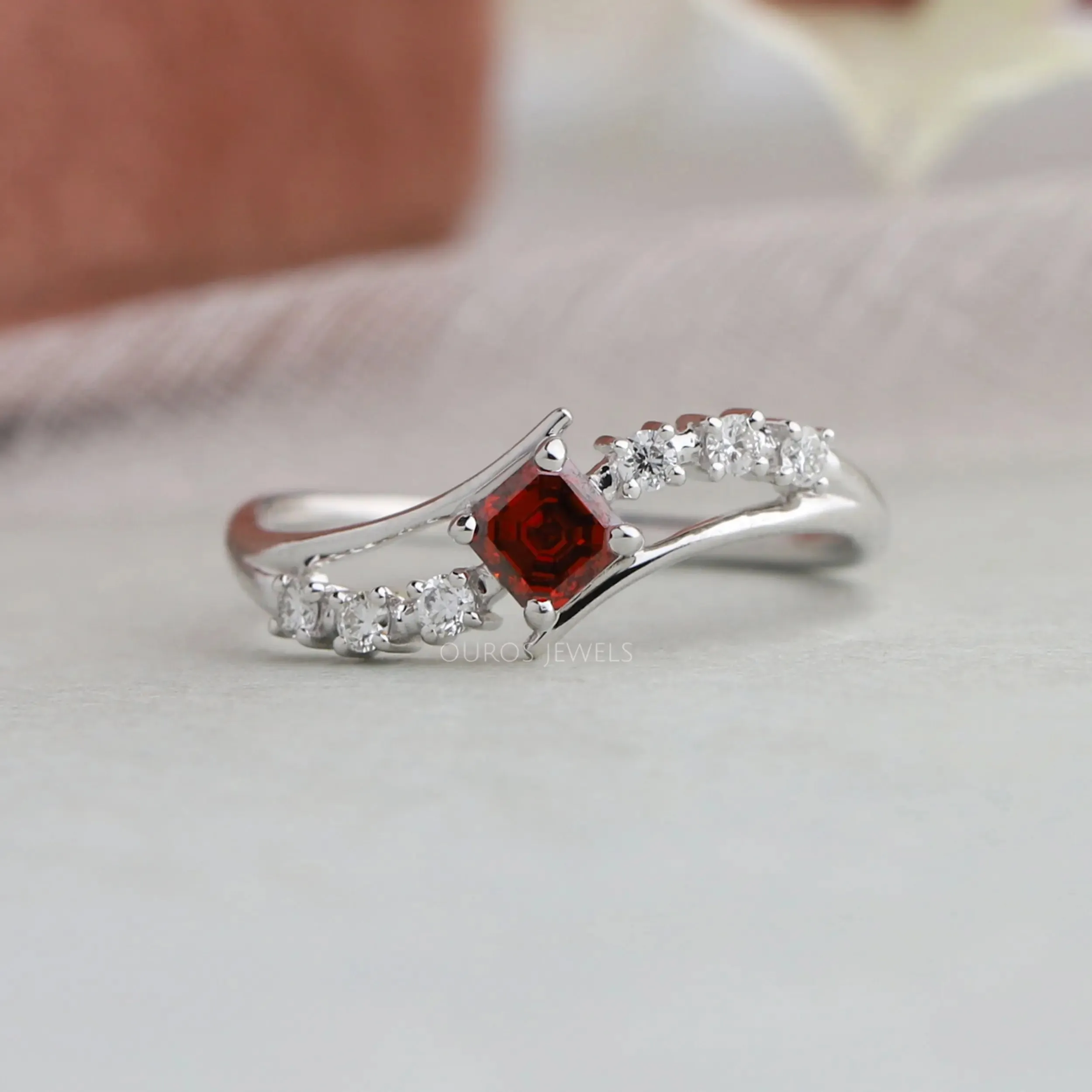 Antique Shape Fancy Red Asscher Diamond Bypass Set Ring