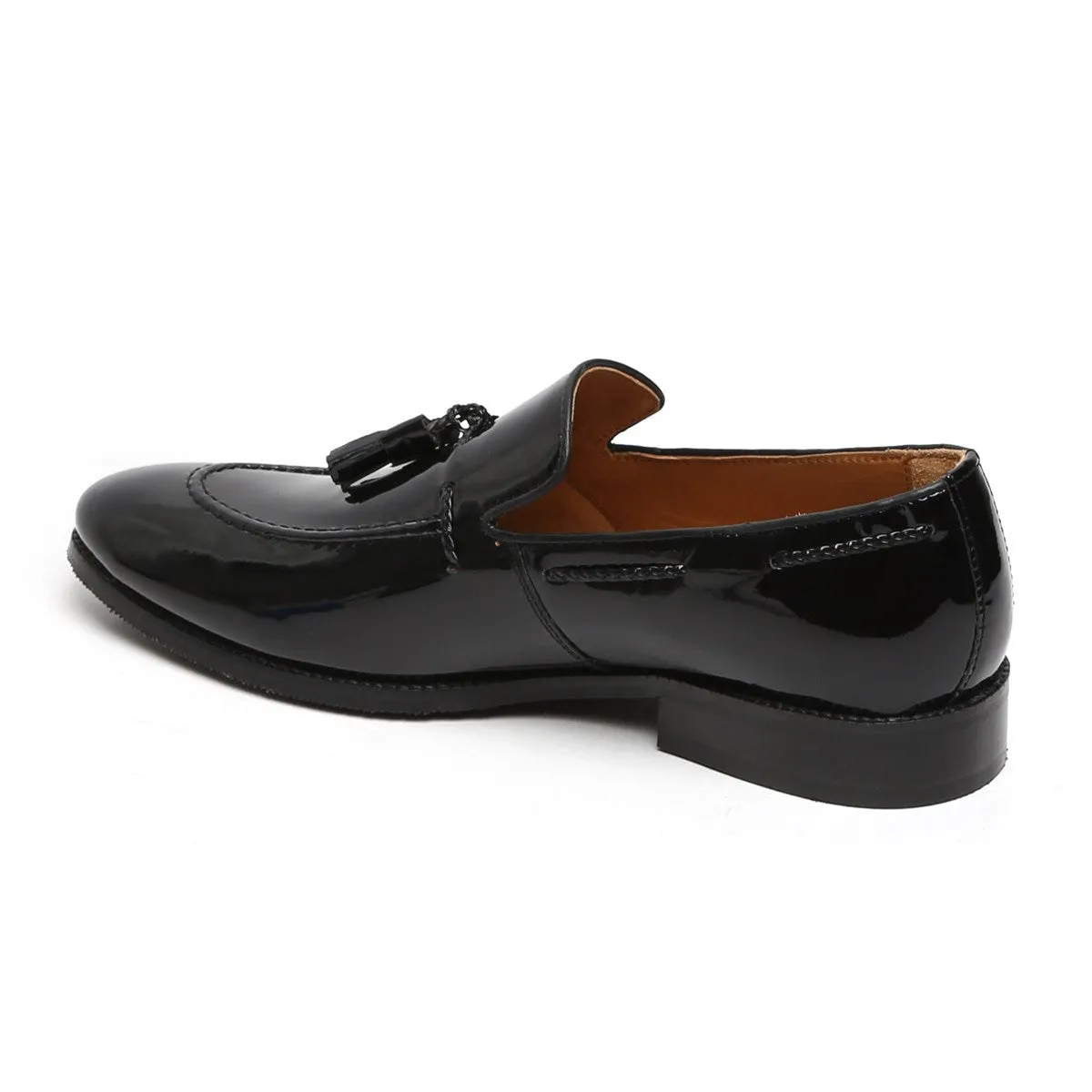 Apron Toe Side Lacing Tassel Loafers in Black Patent Leather By Brune & Bareskin