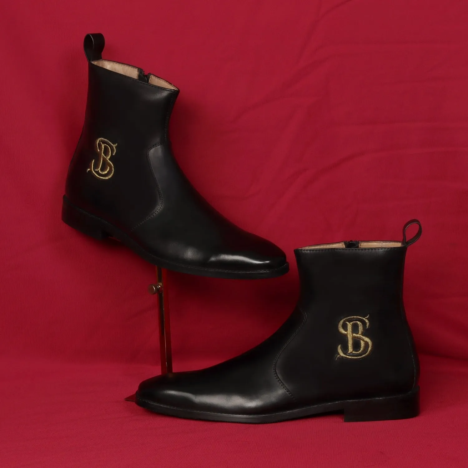 Bespoke SB Embroidered Initial High Ankle Hand Made Leather Boots With Rubber Sole By Brune & Bareskin