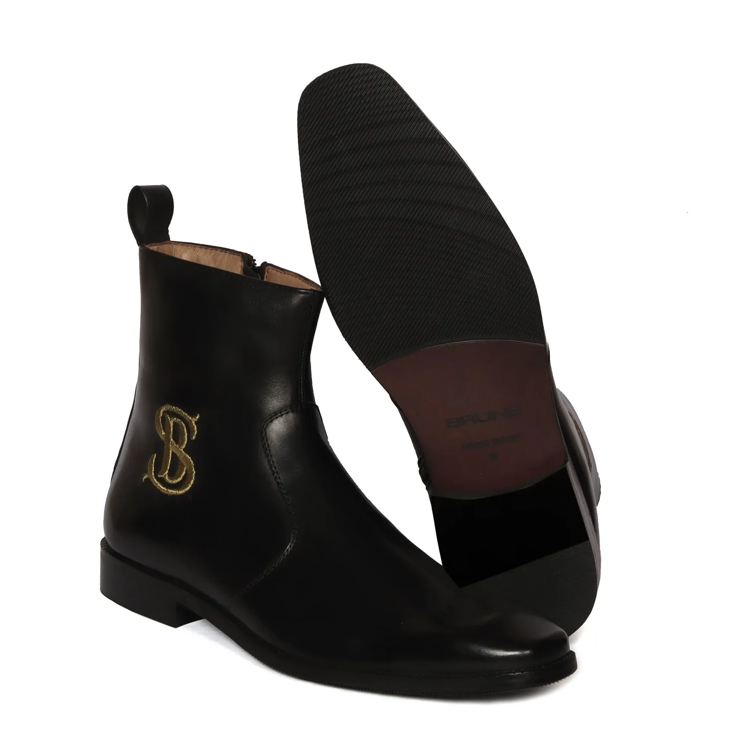 Bespoke SB Embroidered Initial High Ankle Hand Made Leather Boots With Rubber Sole By Brune & Bareskin