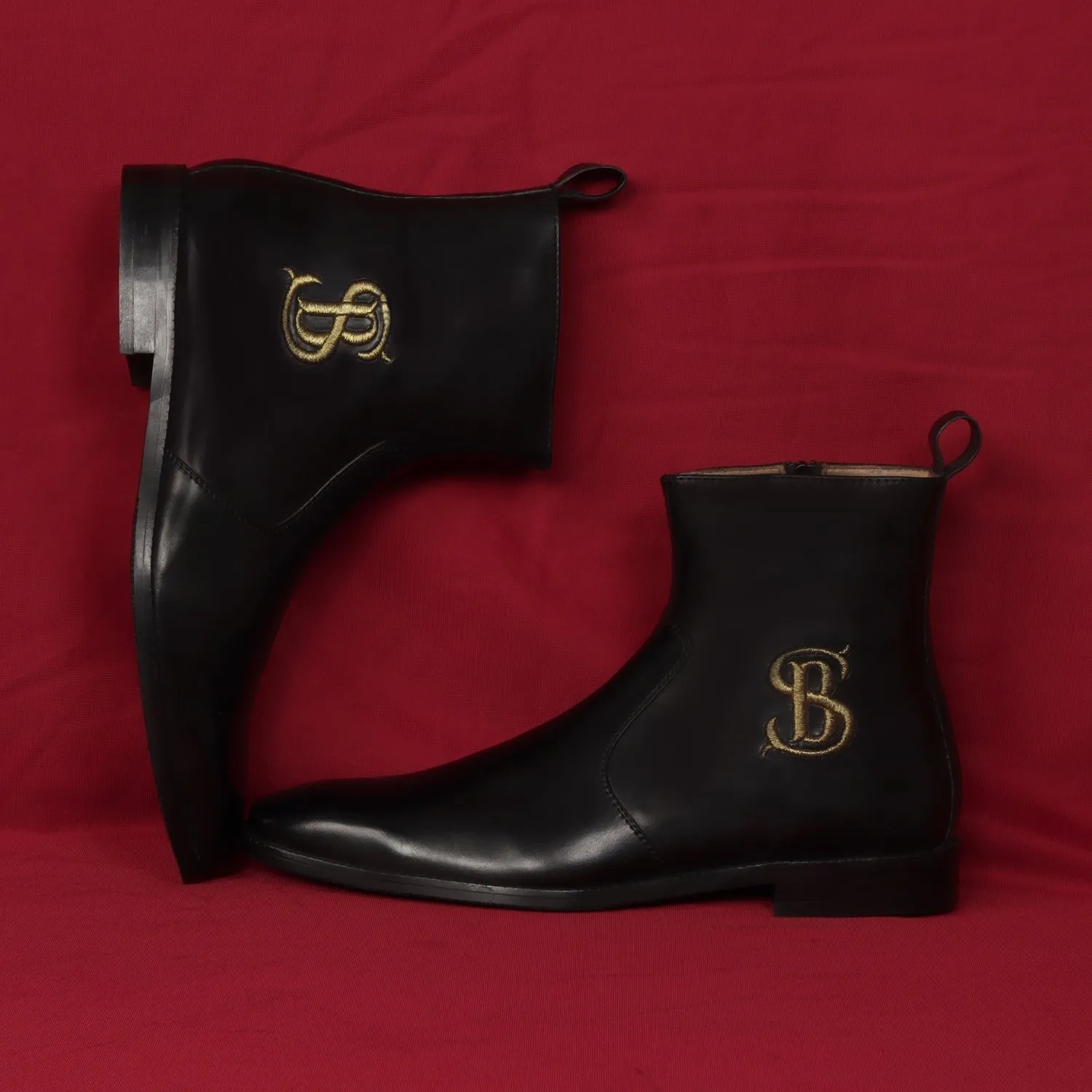 Bespoke SB Embroidered Initial High Ankle Hand Made Leather Boots With Rubber Sole By Brune & Bareskin