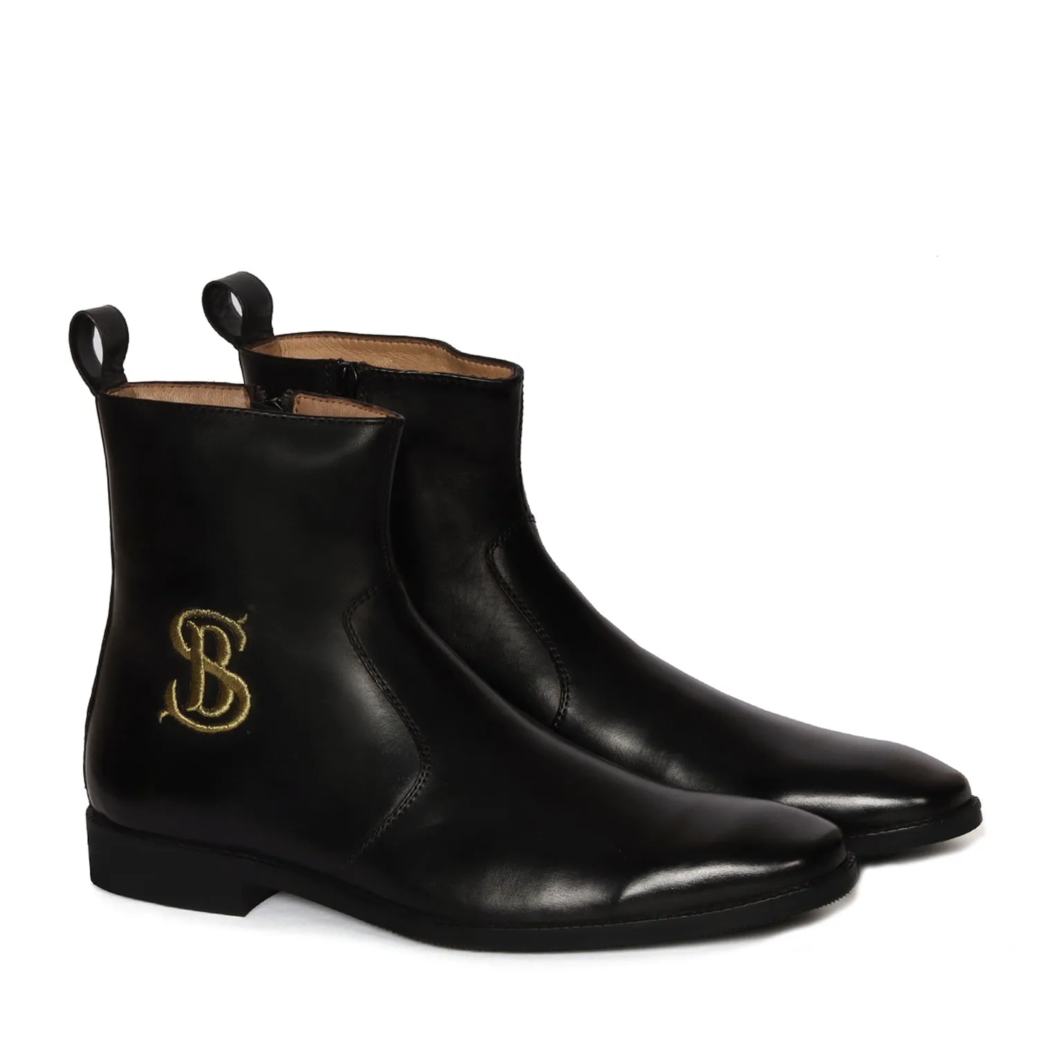 Bespoke SB Embroidered Initial High Ankle Hand Made Leather Boots With Rubber Sole By Brune & Bareskin