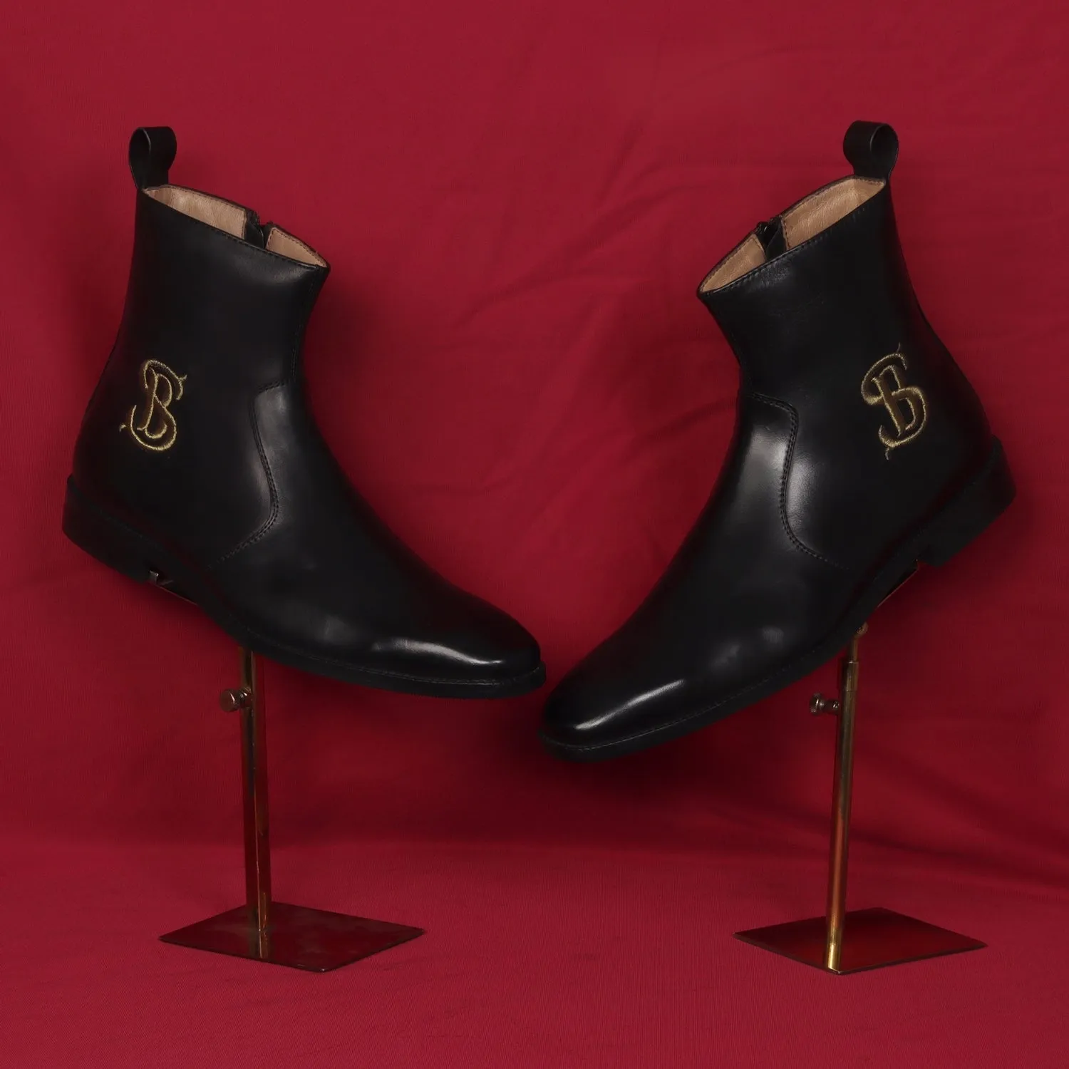 Bespoke SB Embroidered Initial High Ankle Hand Made Leather Boots With Rubber Sole By Brune & Bareskin