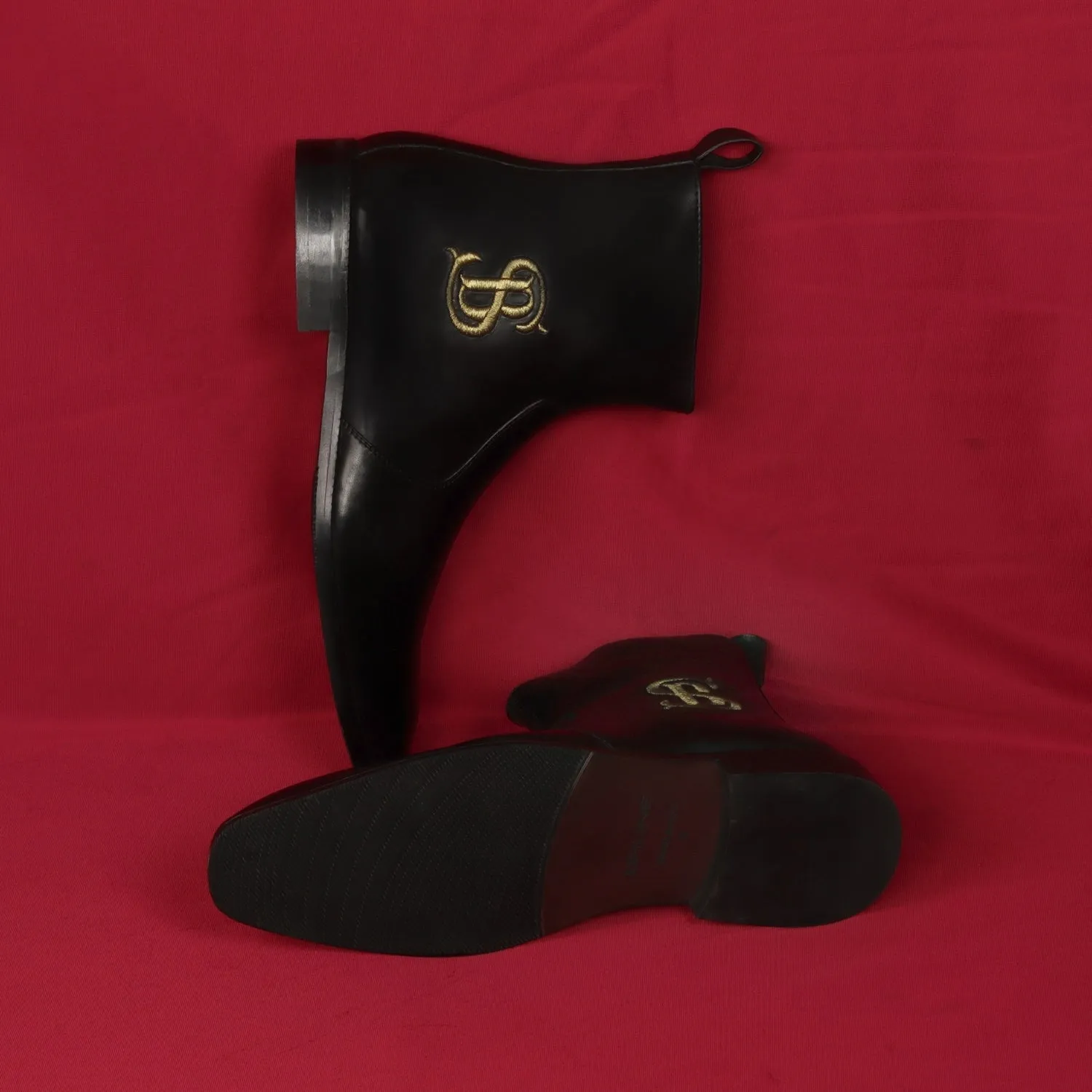 Bespoke SB Embroidered Initial High Ankle Hand Made Leather Boots With Rubber Sole By Brune & Bareskin