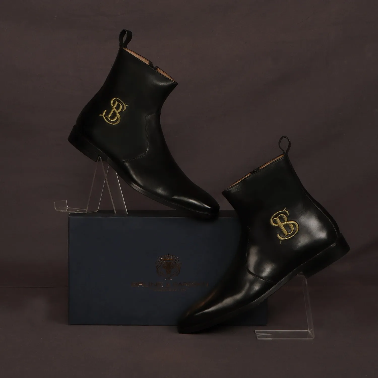 Bespoke SB Embroidered Initial High Ankle Hand Made Leather Boots With Rubber Sole By Brune & Bareskin