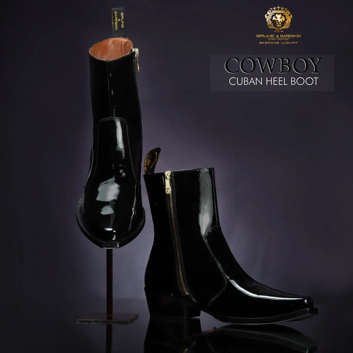 Black Cuban Heel Patent Leather Cowboy Boots By Brune & Bareskin