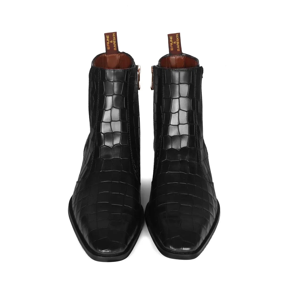 Black Deep Cut Leather Chelsea Boots with Zip Closure