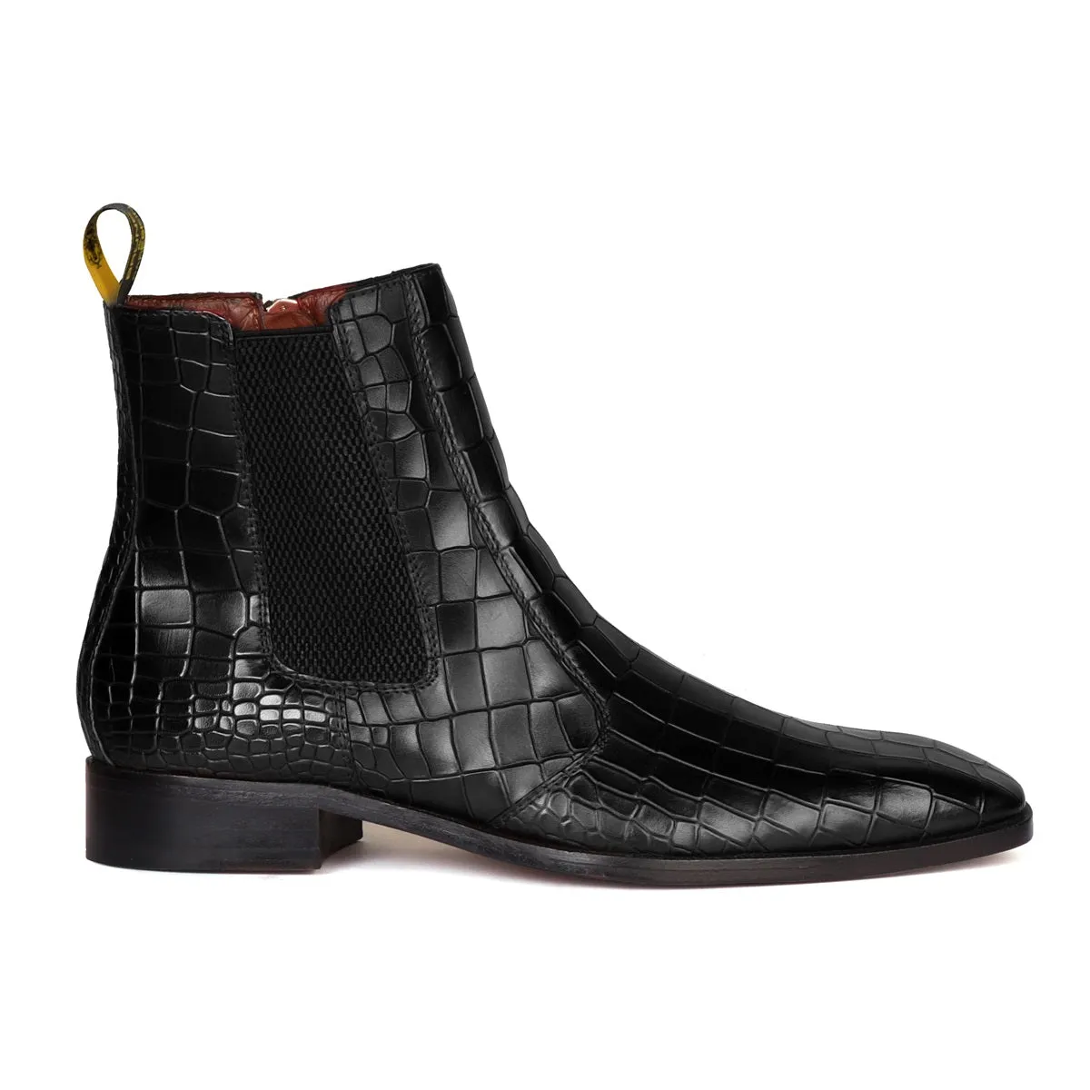 Black Deep Cut Leather Chelsea Boots with Zip Closure