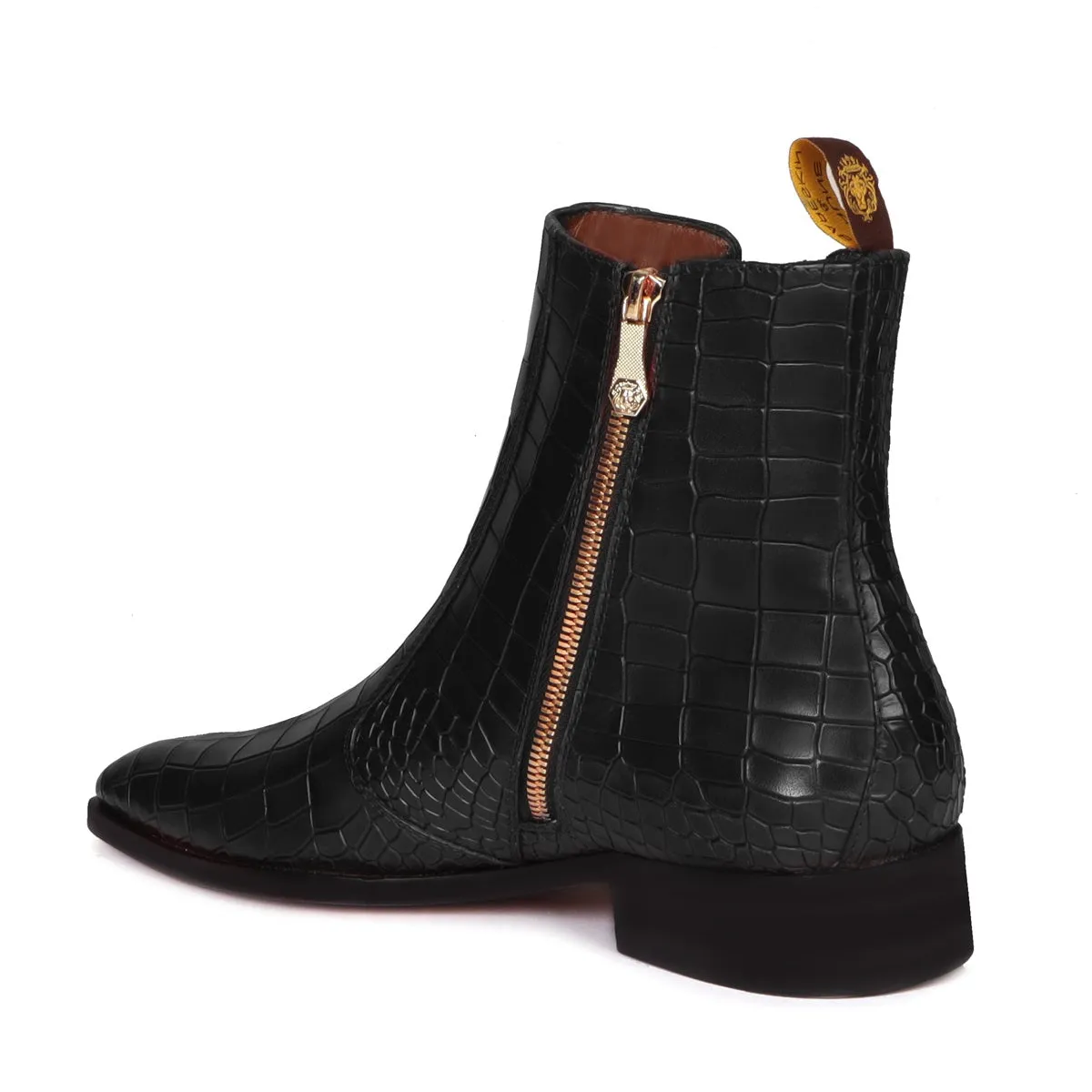 Black Deep Cut Leather Chelsea Boots with Zip Closure