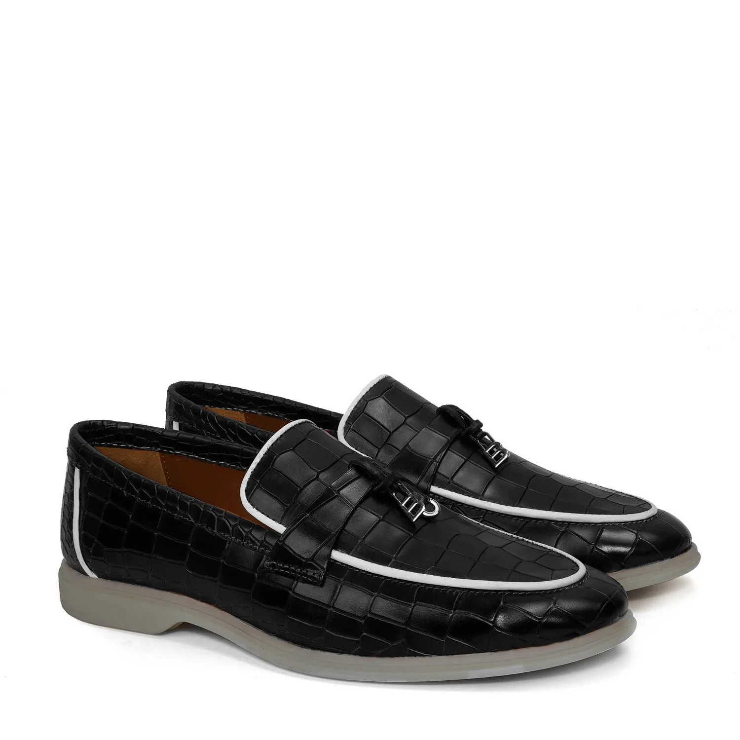 Black Deep Cut Yacht Loafers With Rubber Sole