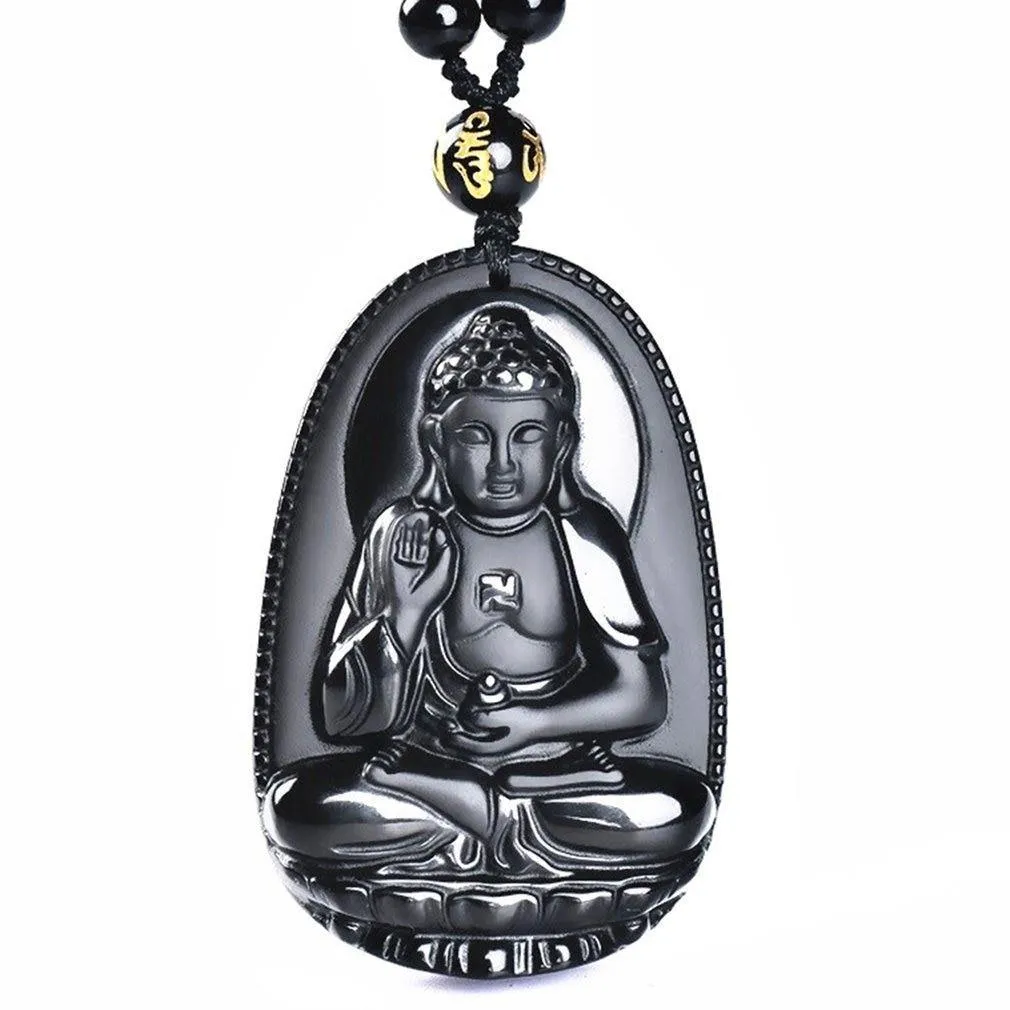 Black Obsidian Carved Lucky Buddha Amulet Necklace