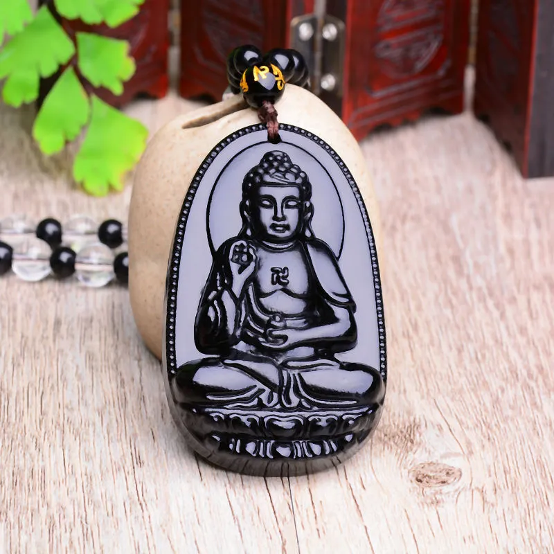 Black Obsidian Carved Lucky Buddha Amulet Necklace