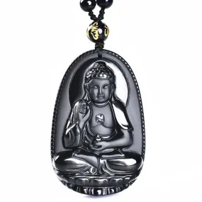 Black Obsidian Carved Lucky Buddha Amulet Necklace