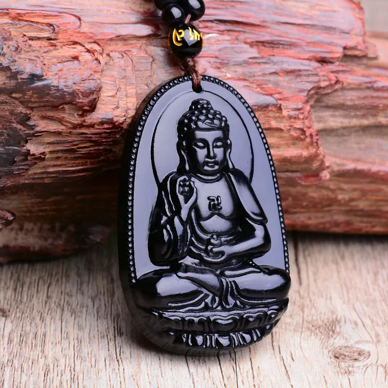 Black Obsidian Carved Lucky Buddha Amulet Necklace