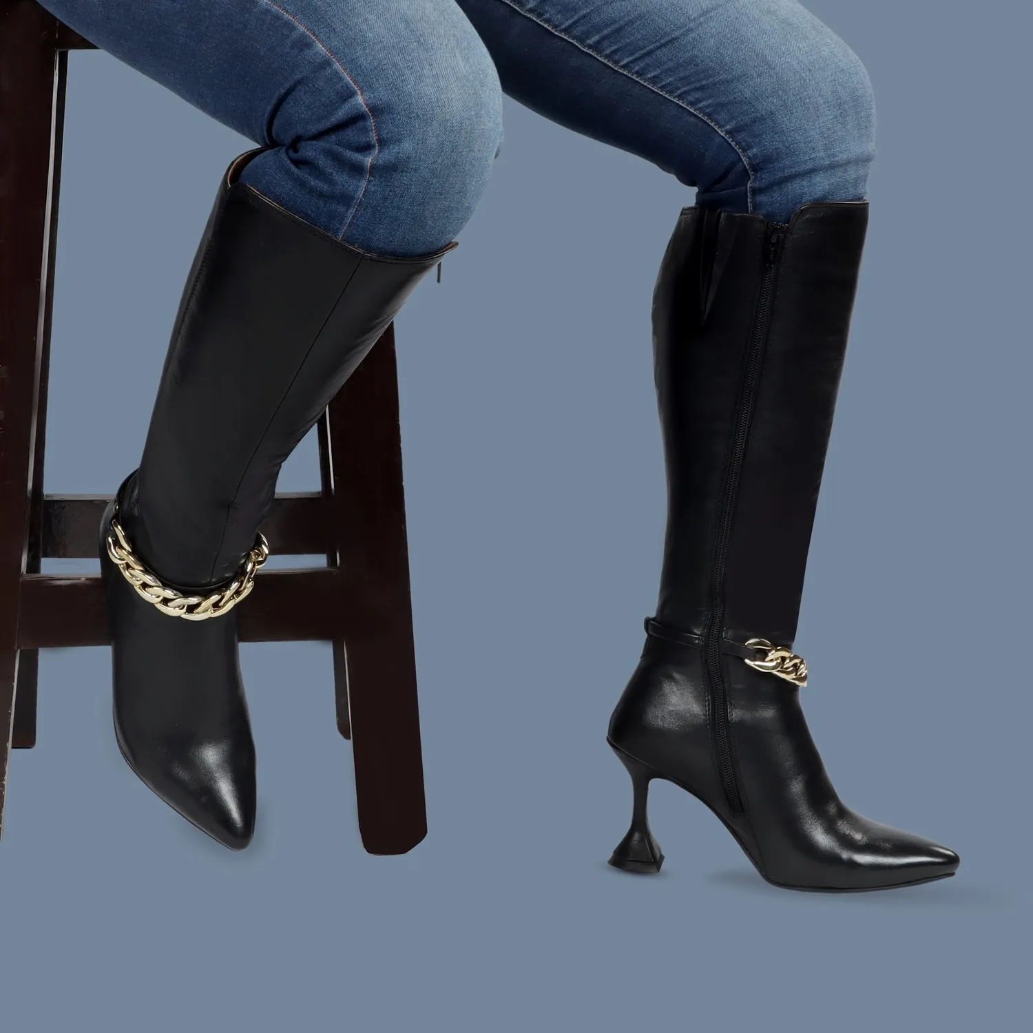 Black Pointed Toe Chain Accent Zip Closure Knee Heights Leather Ladies Fluted Heel Boots By Brune & Bareskin