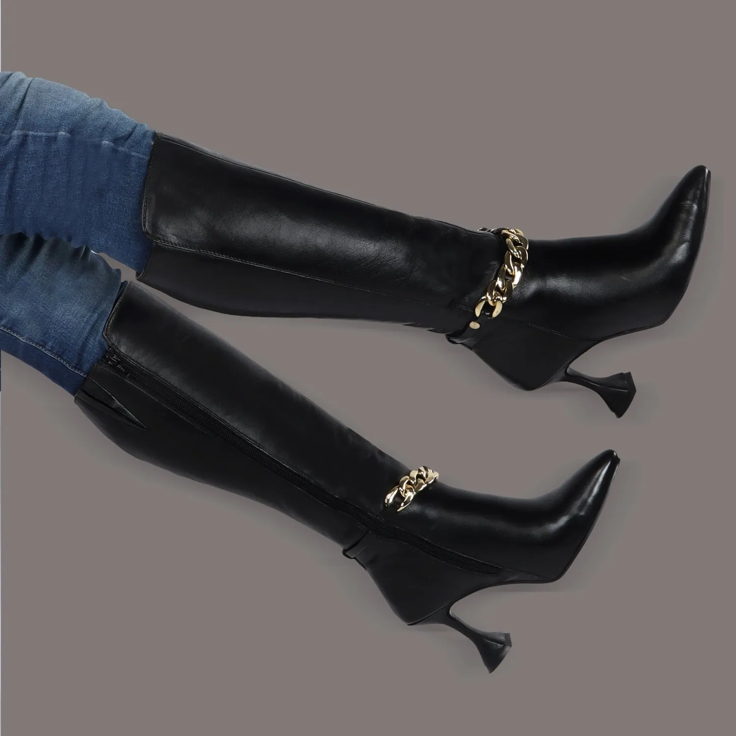 Black Pointed Toe Chain Accent Zip Closure Knee Heights Leather Ladies Fluted Heel Boots By Brune & Bareskin