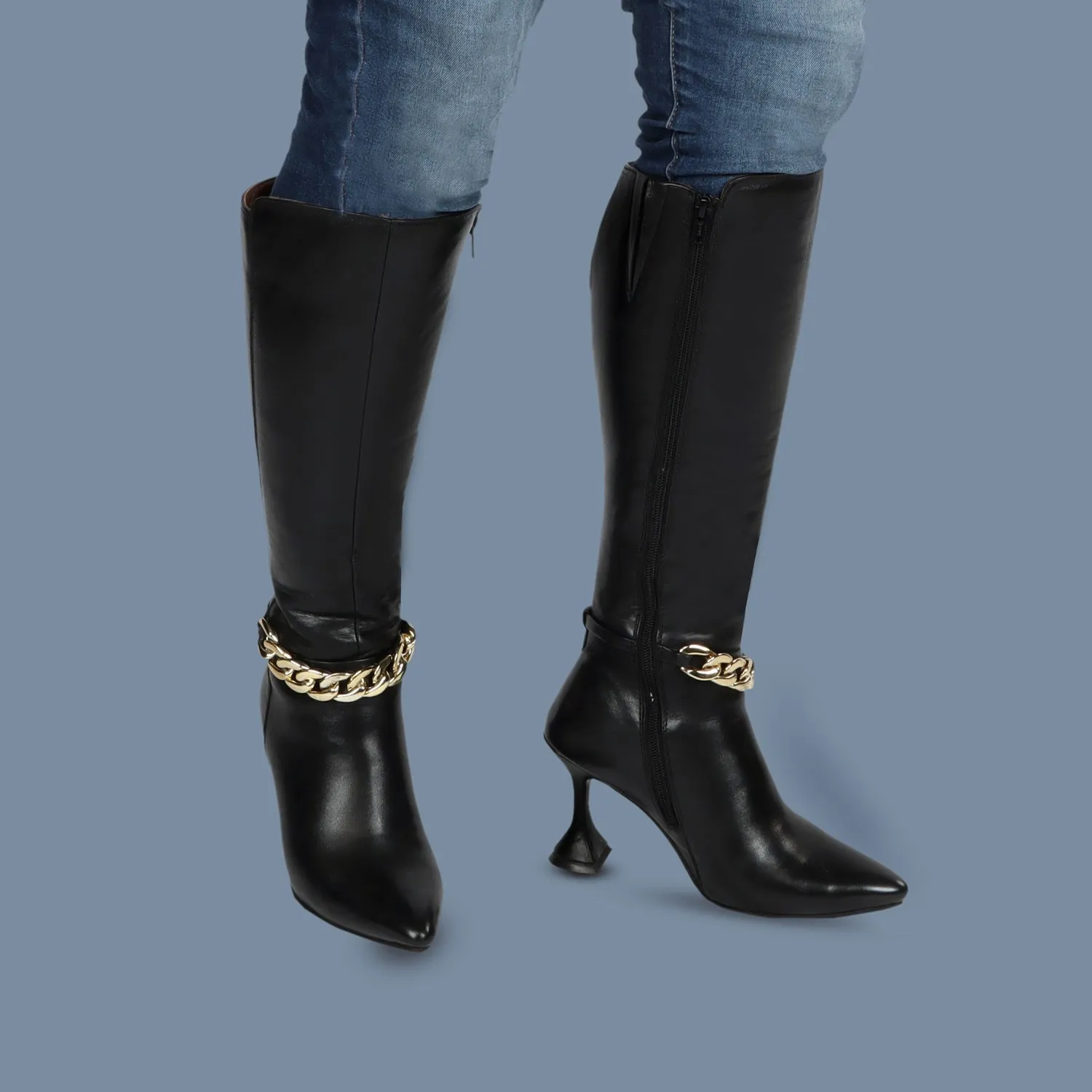 Black Pointed Toe Chain Accent Zip Closure Knee Heights Leather Ladies Fluted Heel Boots By Brune & Bareskin