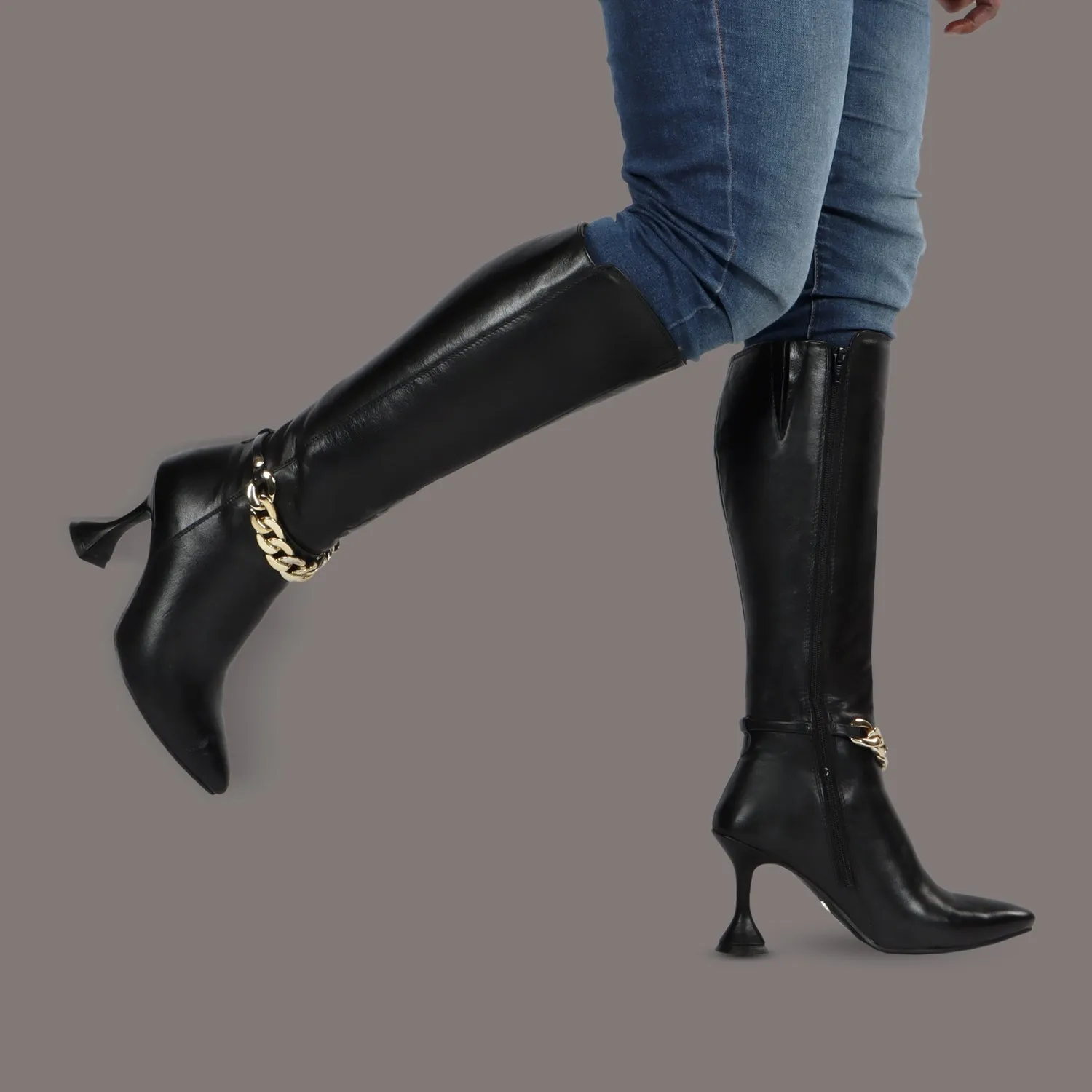 Black Pointed Toe Chain Accent Zip Closure Knee Heights Leather Ladies Fluted Heel Boots By Brune & Bareskin