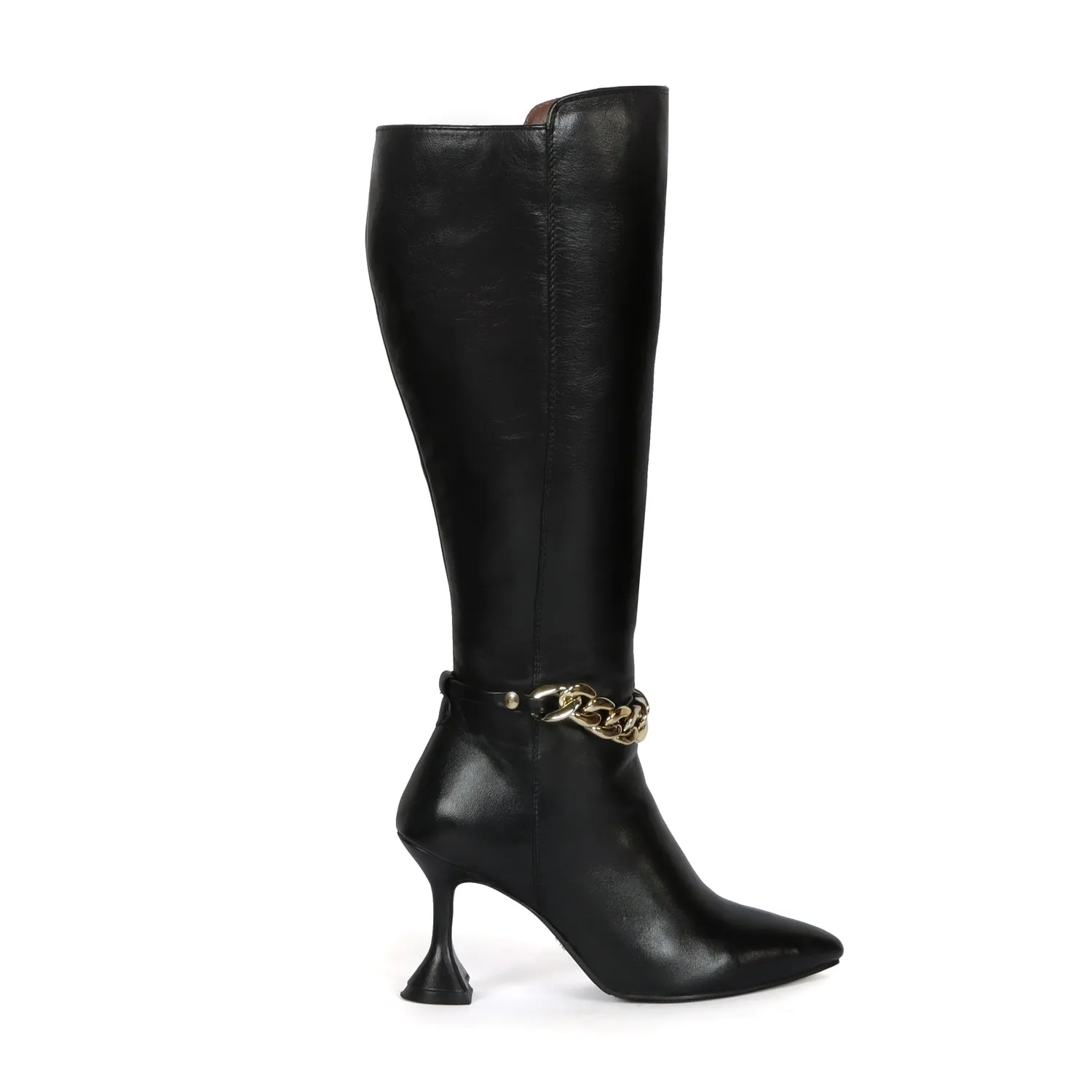 Black Pointed Toe Chain Accent Zip Closure Knee Heights Leather Ladies Fluted Heel Boots By Brune & Bareskin