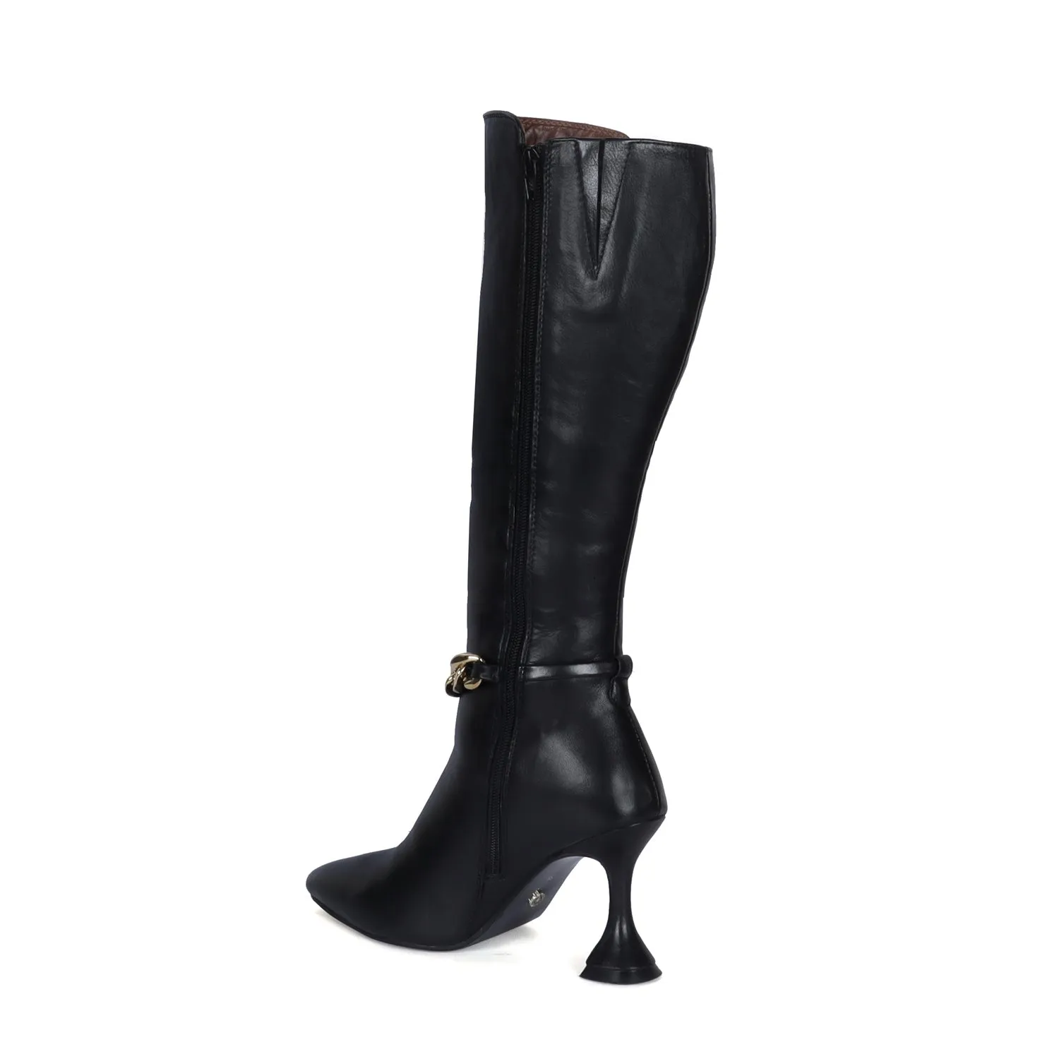 Black Pointed Toe Chain Accent Zip Closure Knee Heights Leather Ladies Fluted Heel Boots By Brune & Bareskin