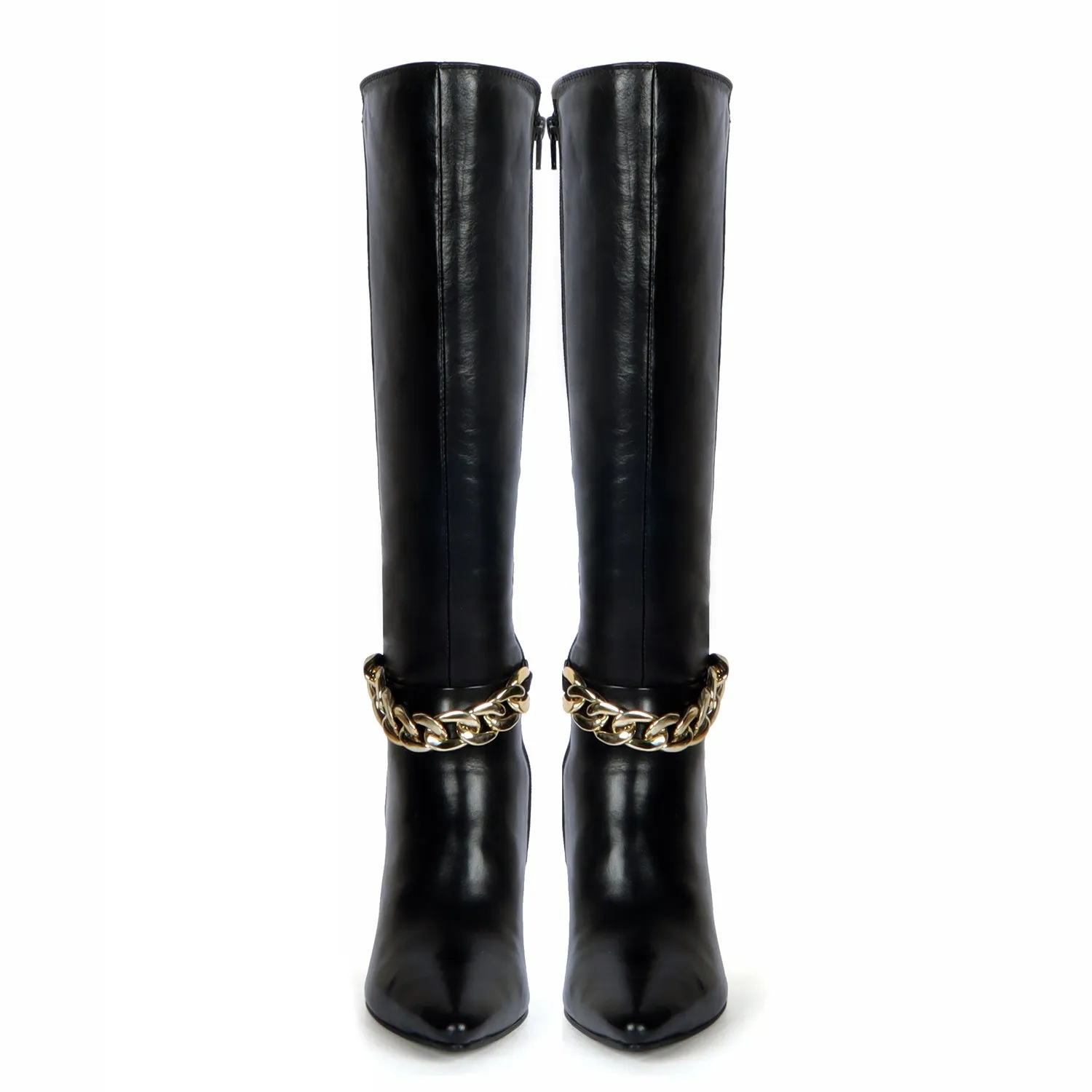 Black Pointed Toe Chain Accent Zip Closure Knee Heights Leather Ladies Fluted Heel Boots By Brune & Bareskin