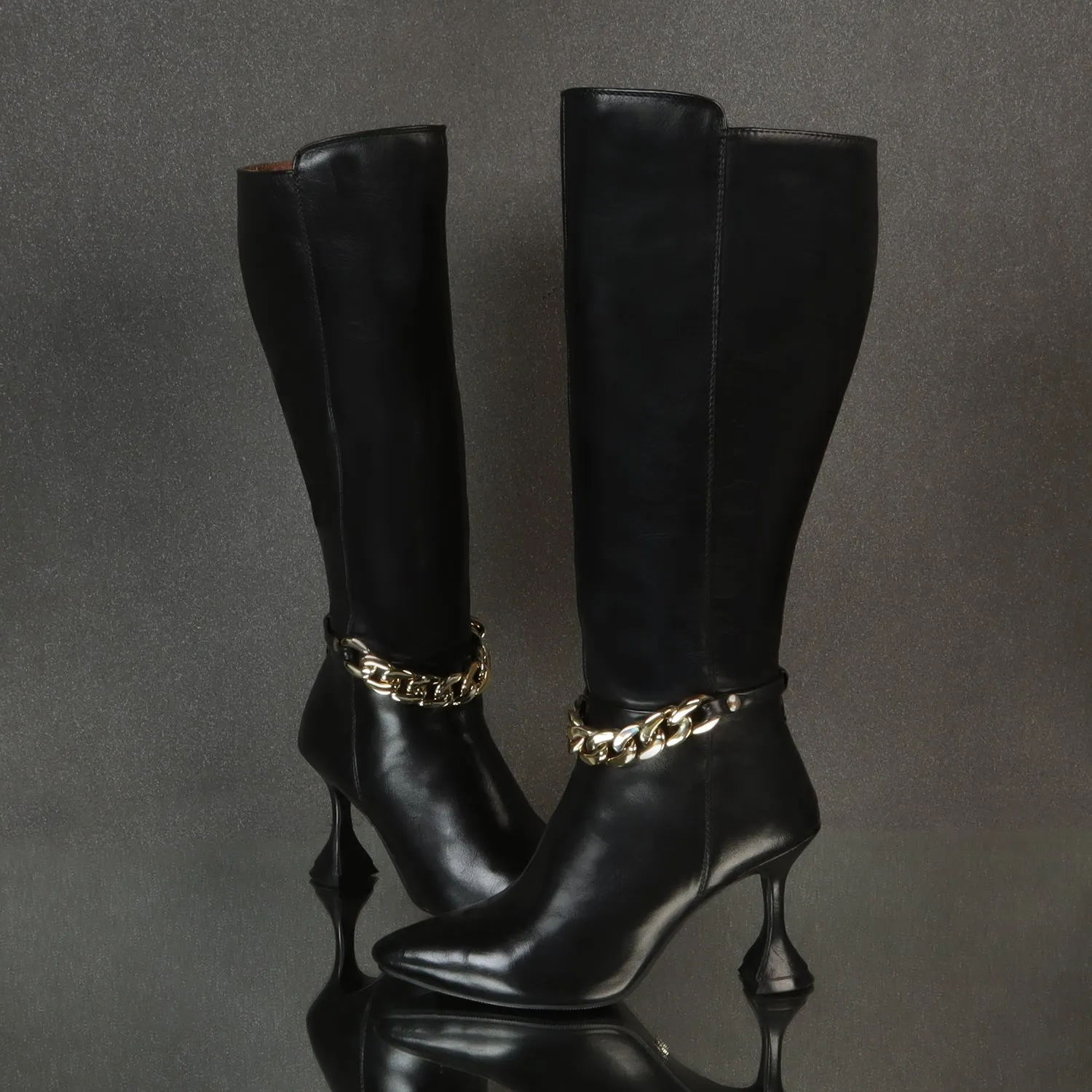 Black Pointed Toe Chain Accent Zip Closure Knee Heights Leather Ladies Fluted Heel Boots By Brune & Bareskin