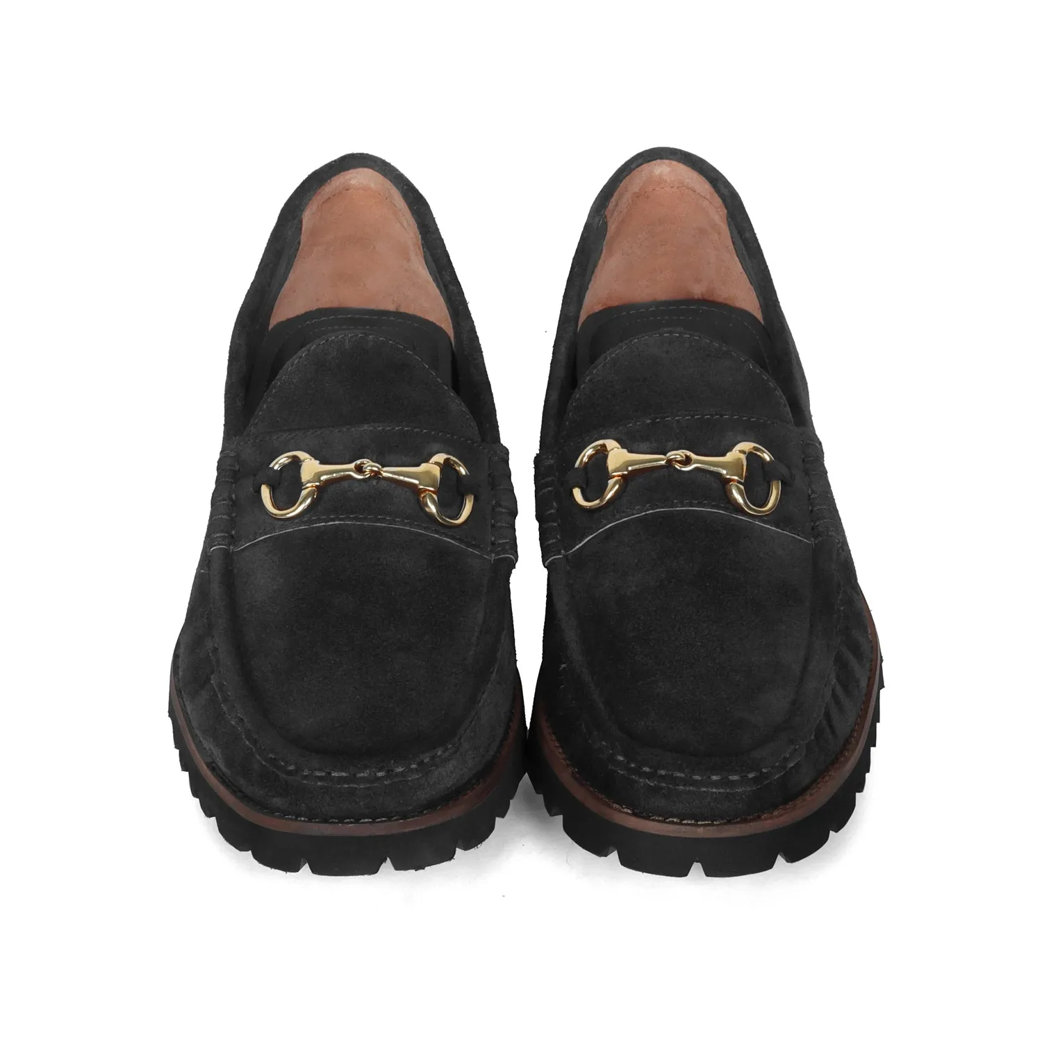 Black Suede Chunky Sole Leather Loafers With Horse-bit Buckle