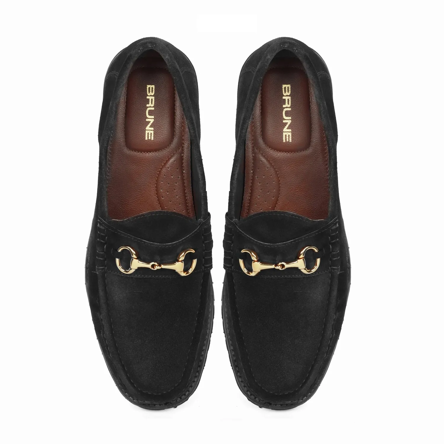 Black Suede Chunky Sole Leather Loafers With Horse-bit Buckle