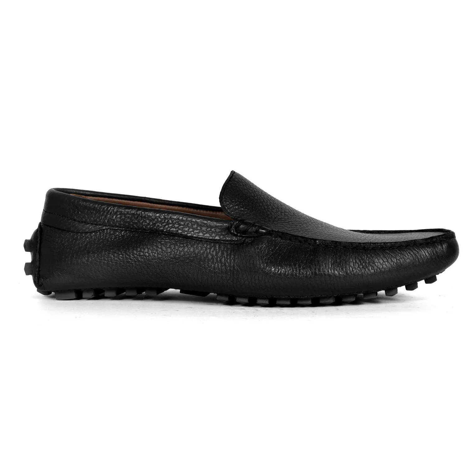 Black Textured Leather Driver Sole Loafers