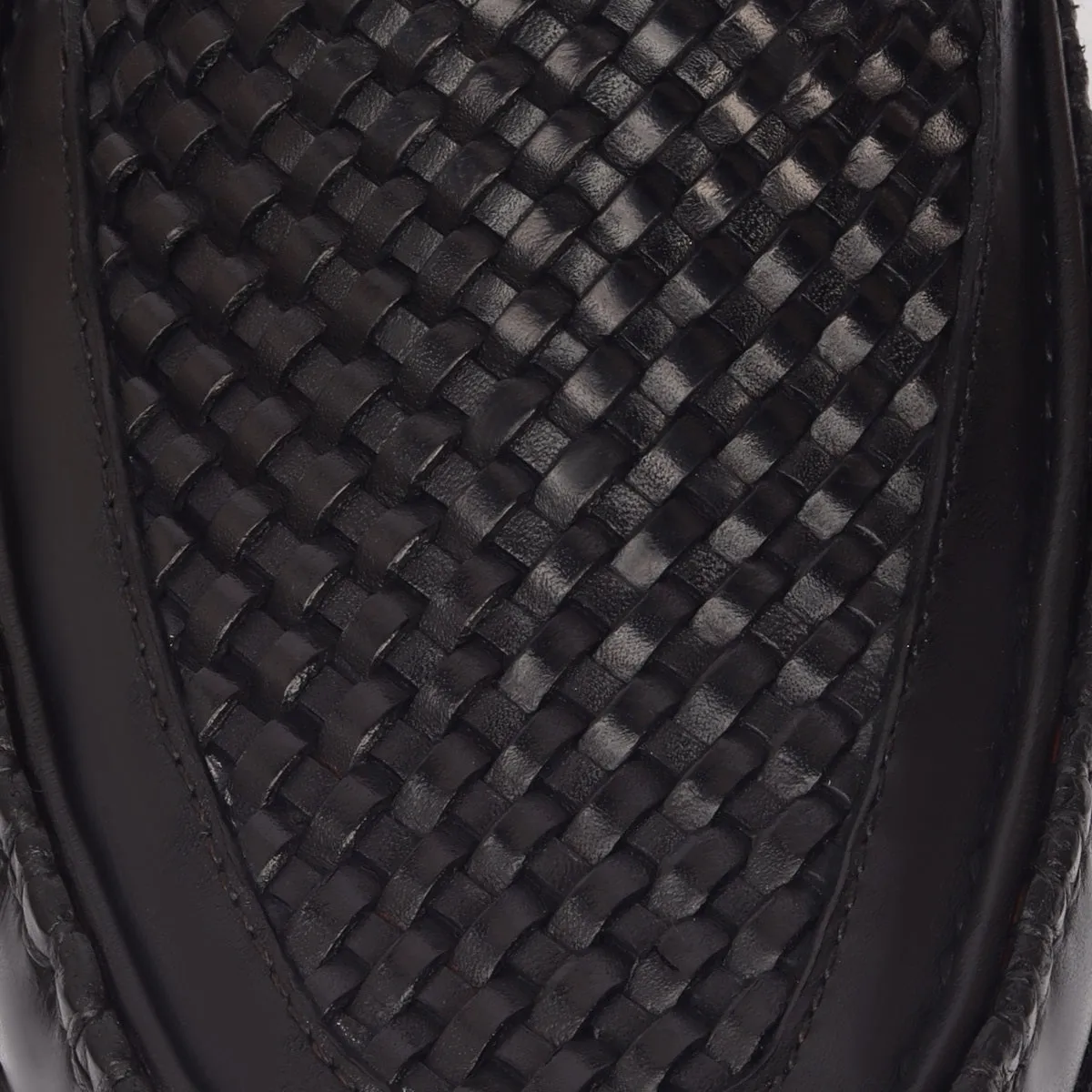 Black Weaved Vamp Leather Loafers For Men