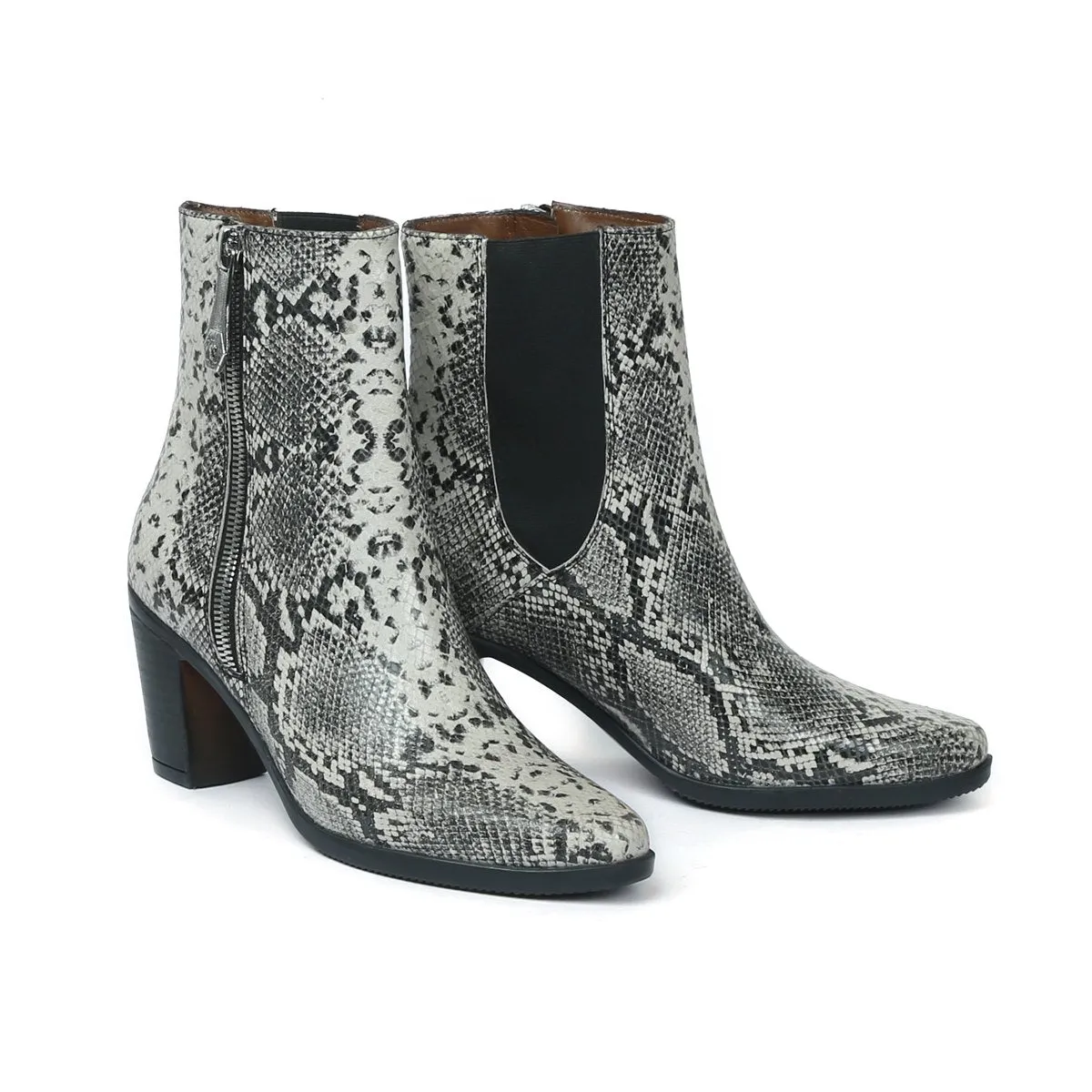 Black-White Snack Print Leather High Ankle Ladies Boots By Brune & Bareskin