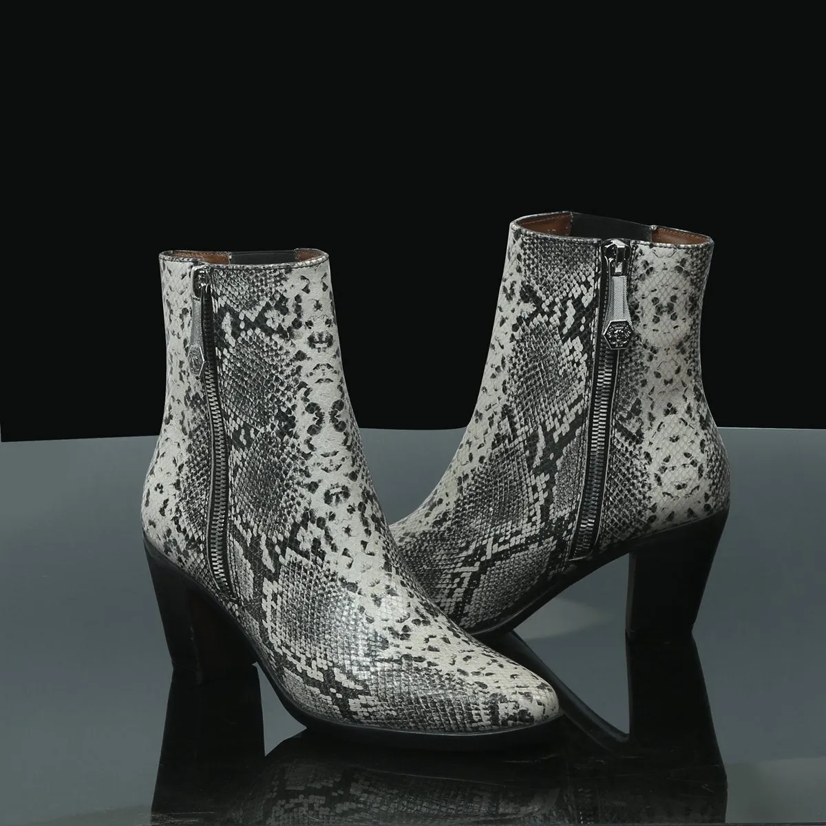 Black-White Snack Print Leather High Ankle Ladies Boots By Brune & Bareskin