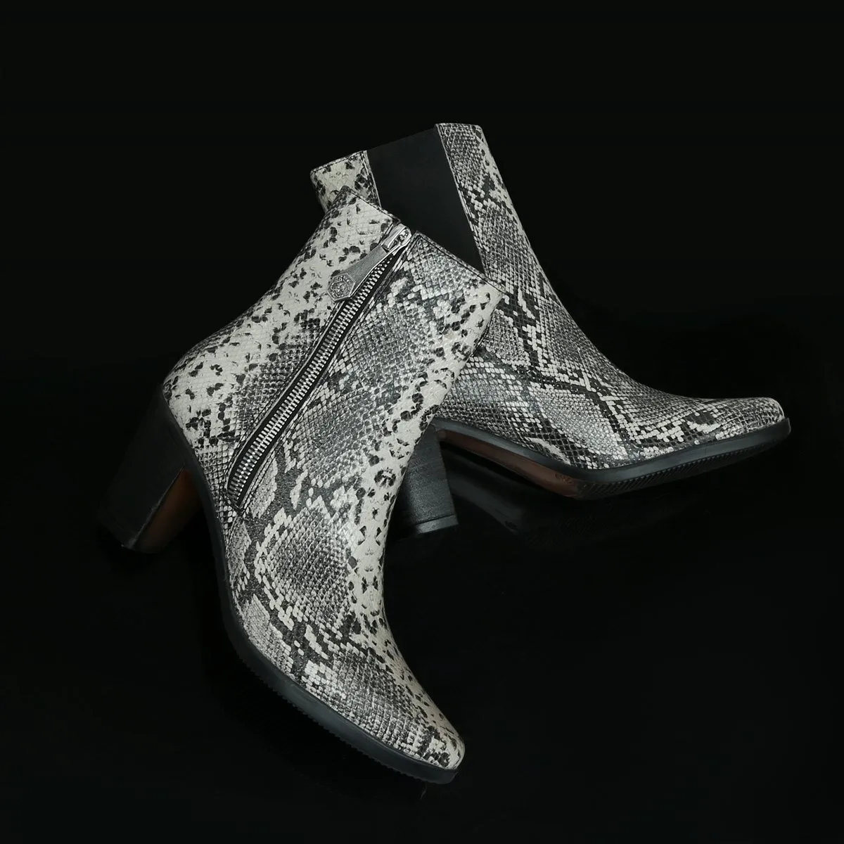 Black-White Snack Print Leather High Ankle Ladies Boots By Brune & Bareskin