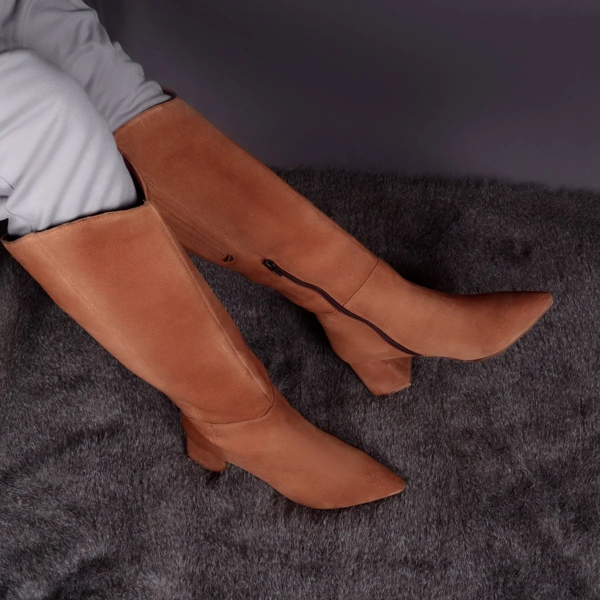 Blocked Heel Adjustable Elastic Pointed Toe Knee-Height Brown Rich Suede Leather Ladies Boots By Brune & Barerskin