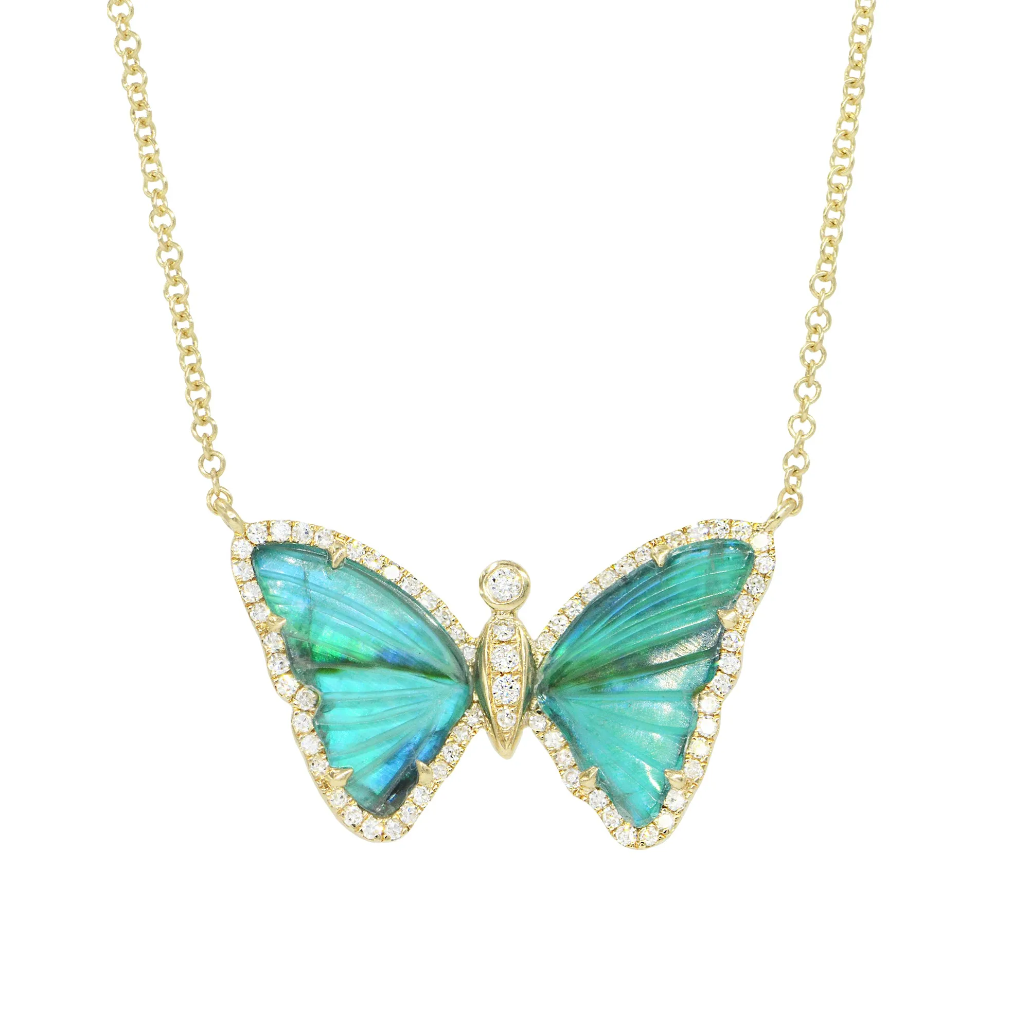 Blue and Green Tourmaline and Pearl Butterfly Necklace with Diamonds