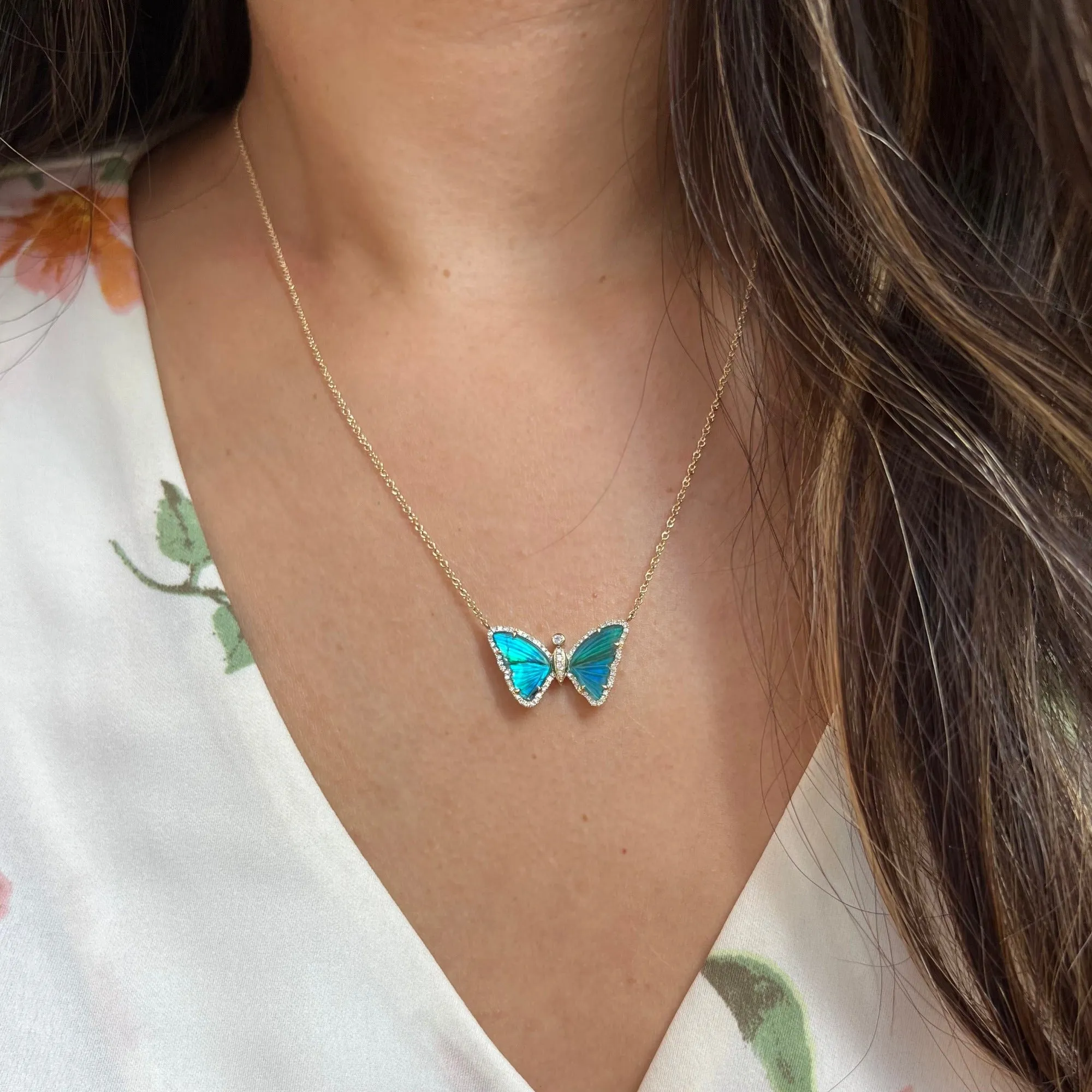 Blue and Green Tourmaline and Pearl Butterfly Necklace with Diamonds