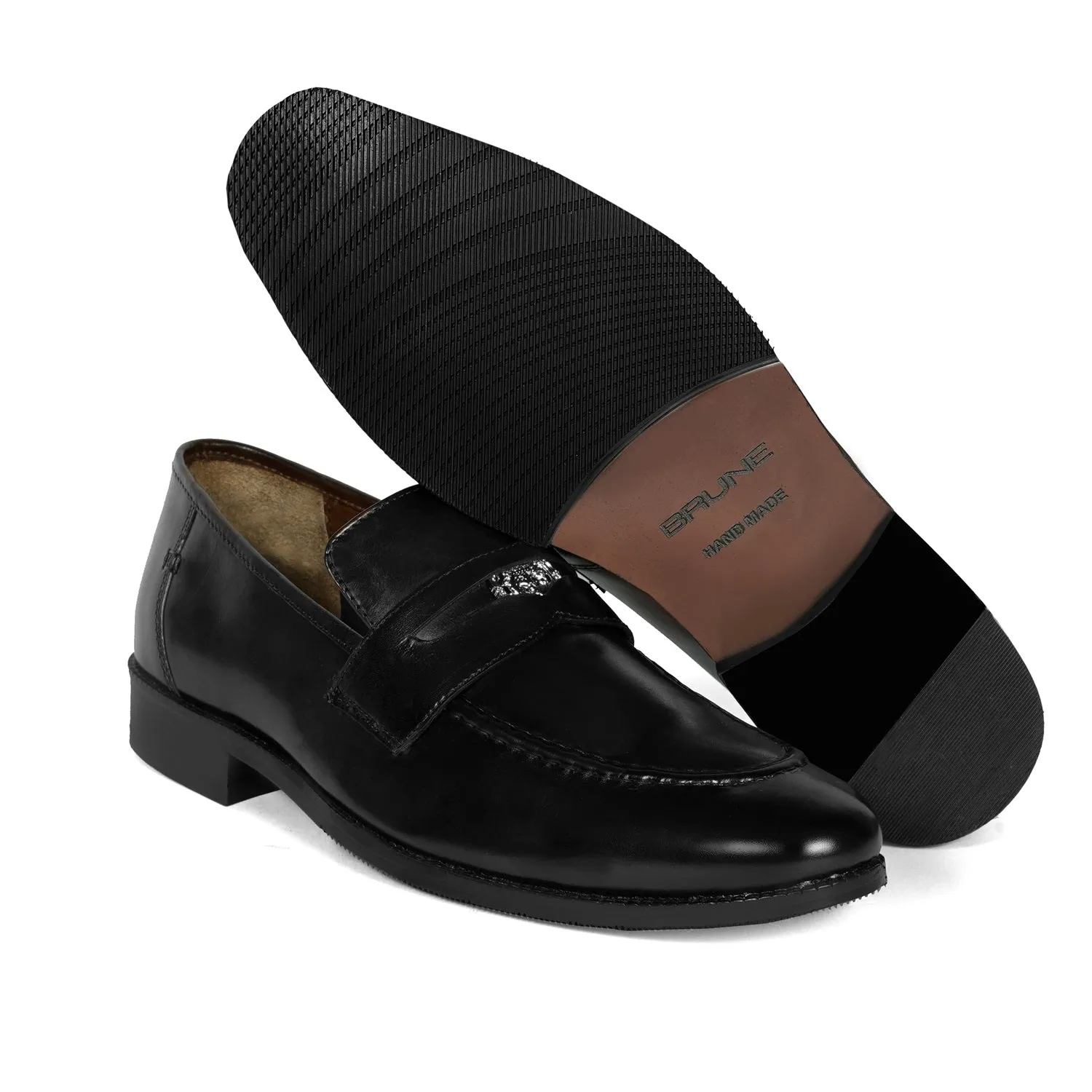 Brand Lion Logo Penny Loafers in Black Leather