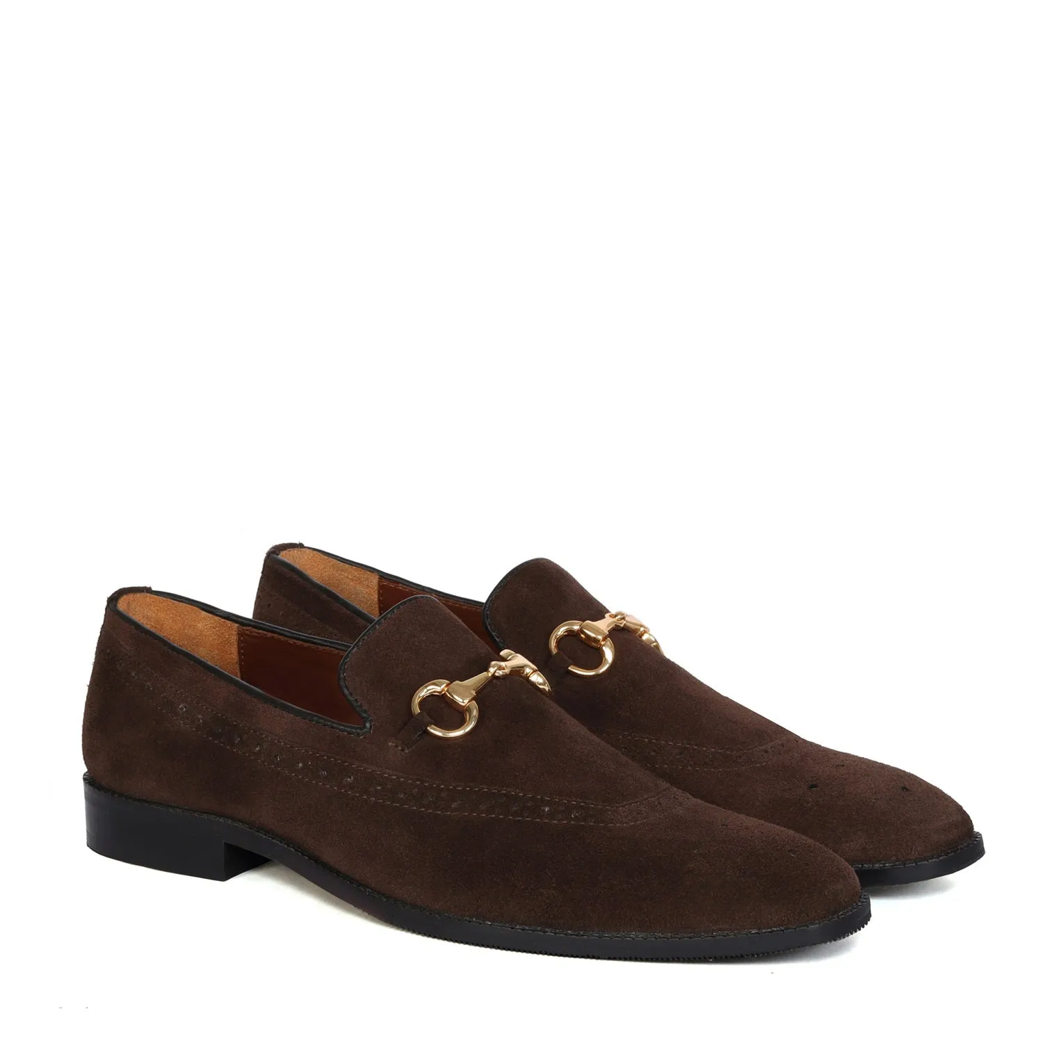 Brogue Detailing Men's Loafers in dark Brown Suede Leather with Golden Horse-Bit Buckle