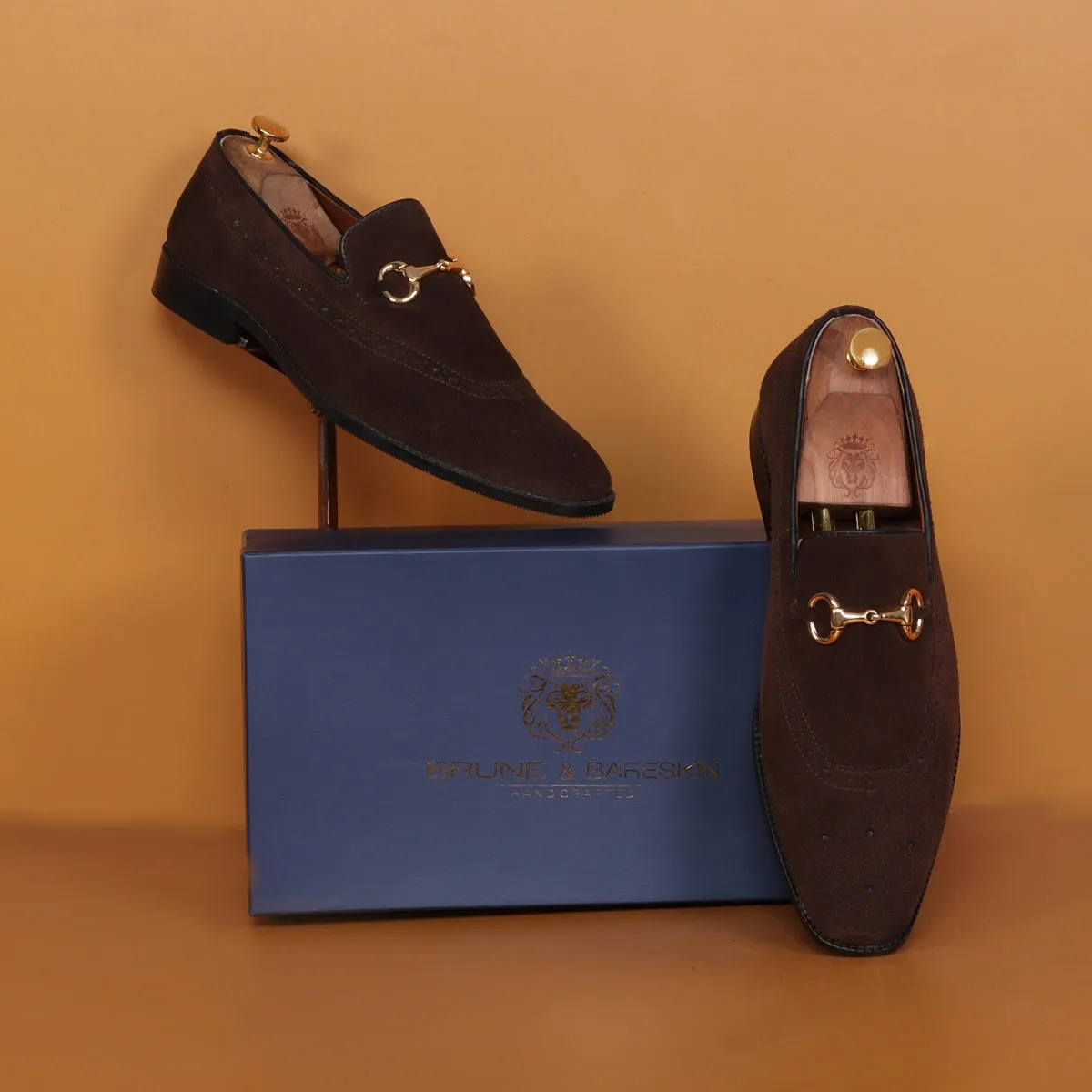 Brogue Detailing Men's Loafers in dark Brown Suede Leather with Golden Horse-Bit Buckle