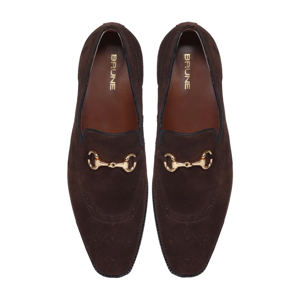 Brogue Detailing Men's Loafers in dark Brown Suede Leather with Golden Horse-Bit Buckle