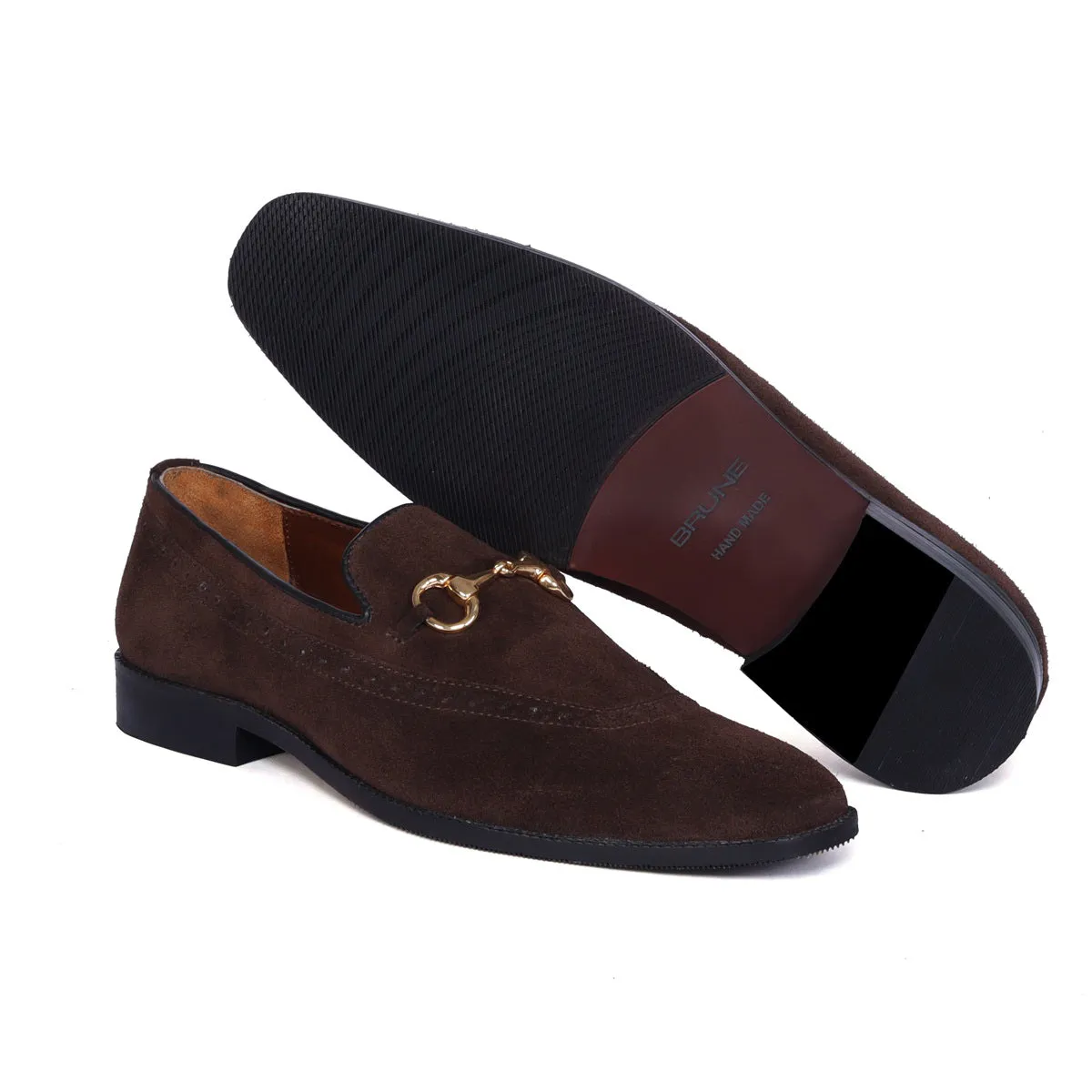 Brogue Detailing Men's Loafers in dark Brown Suede Leather with Golden Horse-Bit Buckle